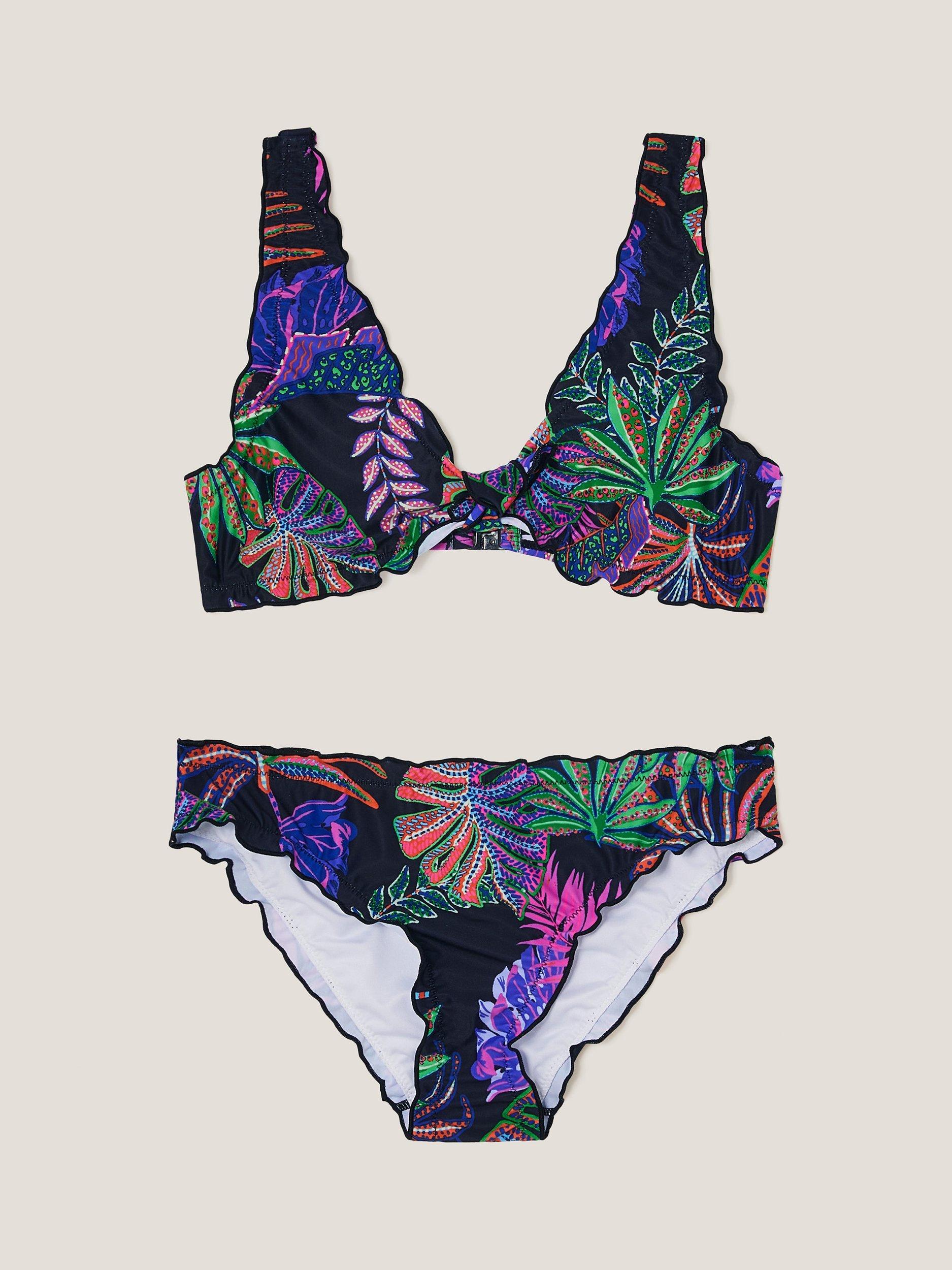 Product image 1 of 3, which shows Monsoon Kids' Tropical Print Scallop Trim Bikini, Multi, 7-8 years