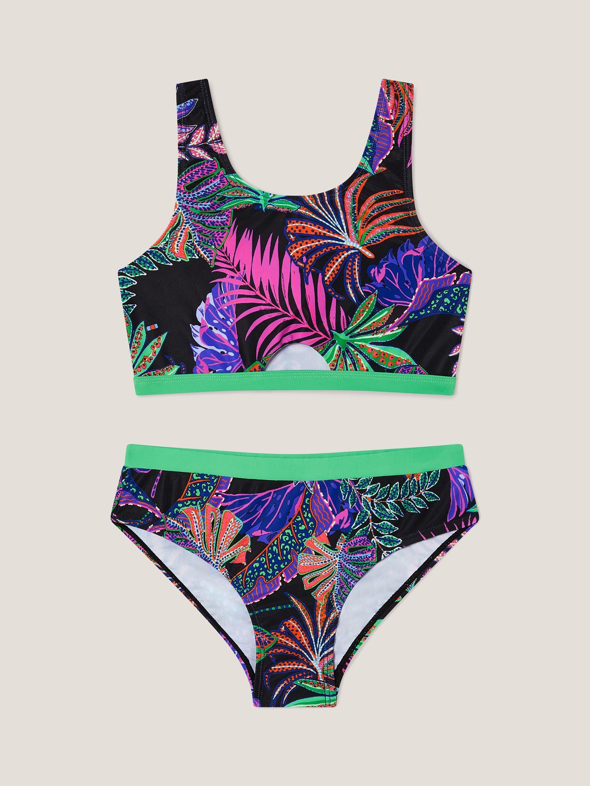 Product image 1 of 3, which shows Monsoon Kids' Tropical Print Bikini , Black, 9-10 years