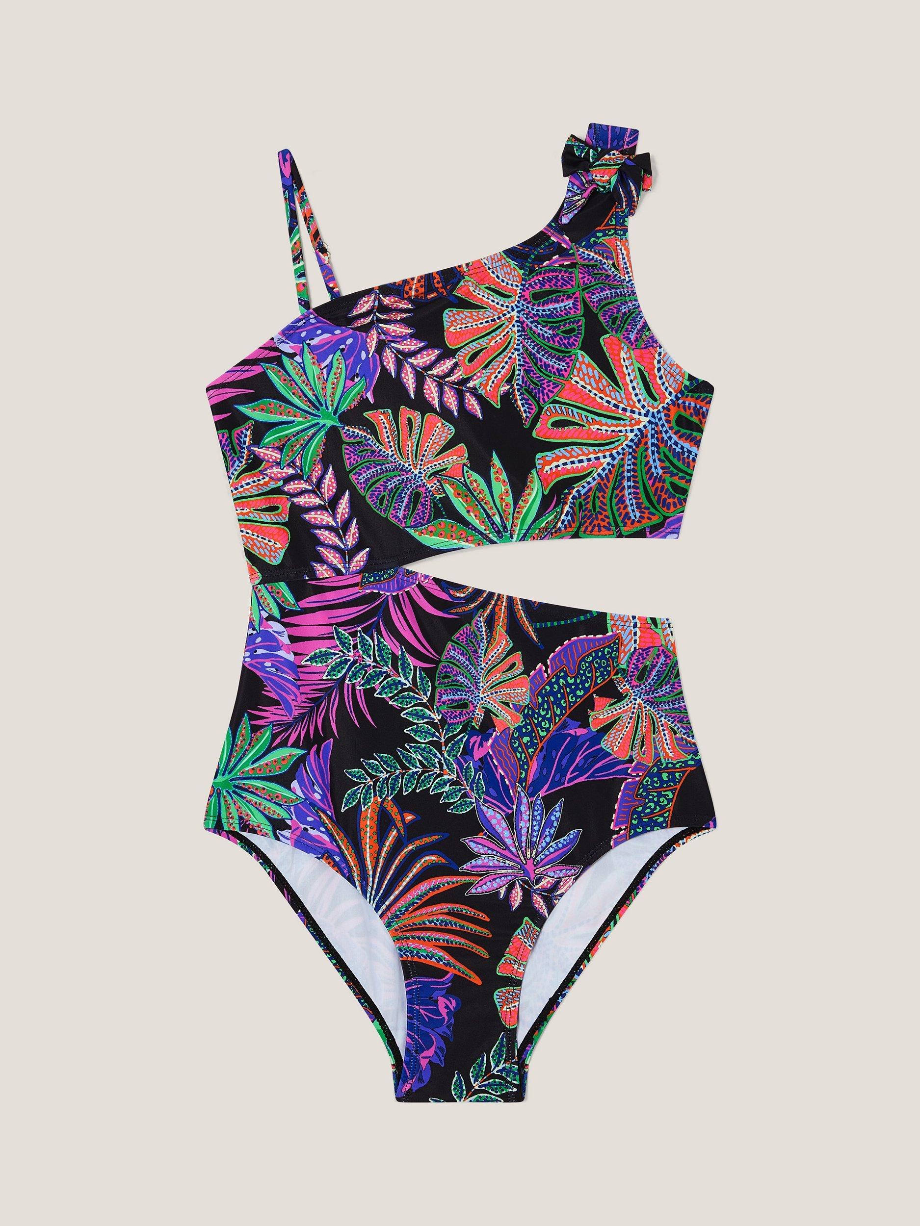 Product image 1 of 3, which shows Monsoon Kids' Tropical Print Cut-Out Swimsuit, Black, 9-10 years