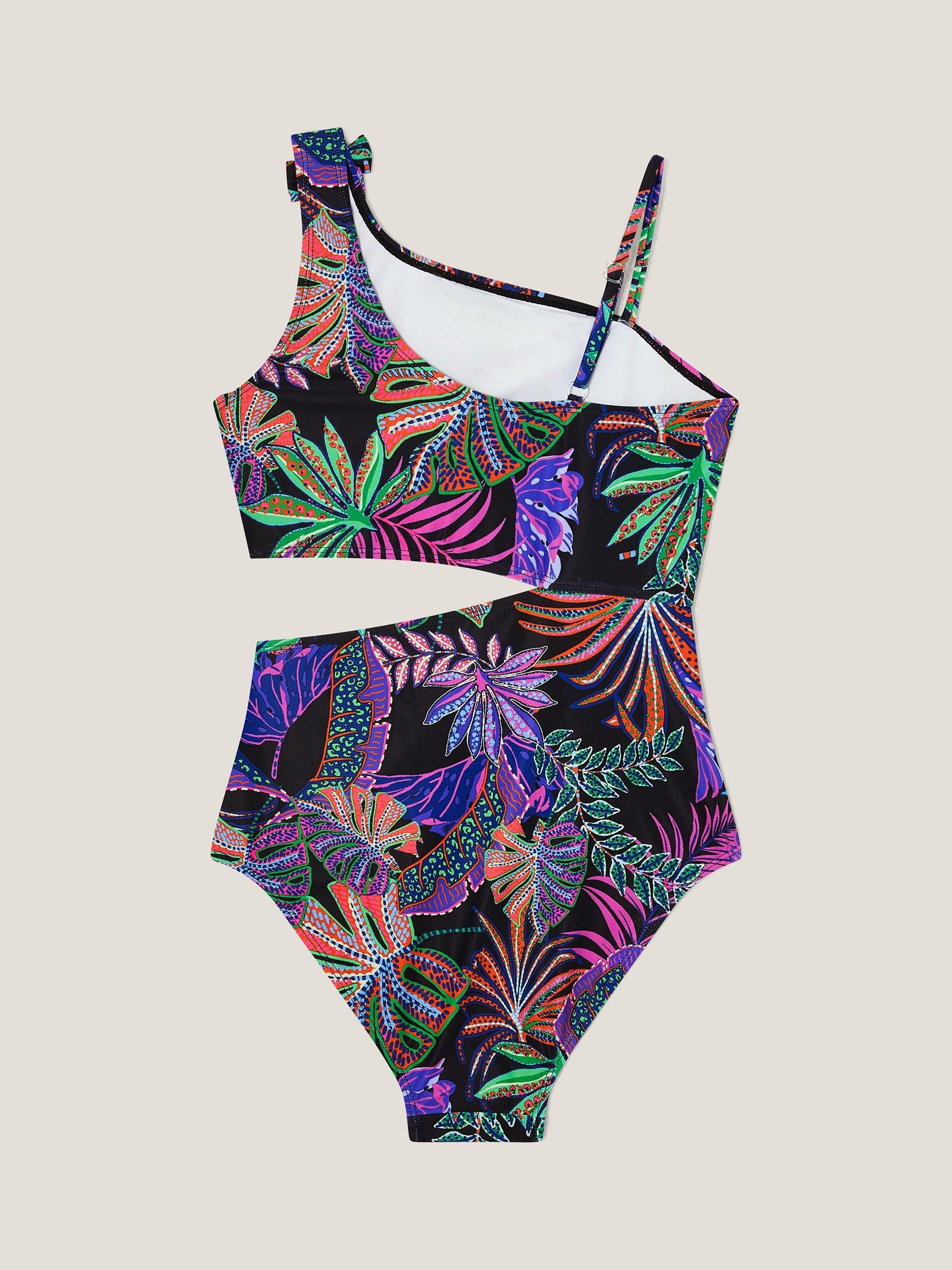 Product image 2 of 3, which shows Monsoon Kids' Tropical Print Cut-Out Swimsuit, Black, 9-10 years