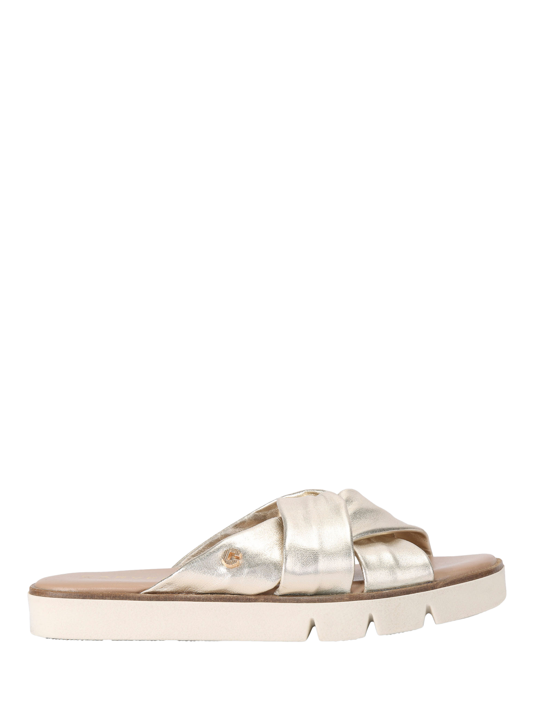 Product image 1 of 4, which shows Carvela Vita Leather Cross Strap Footbed Sandals, Gold, 3