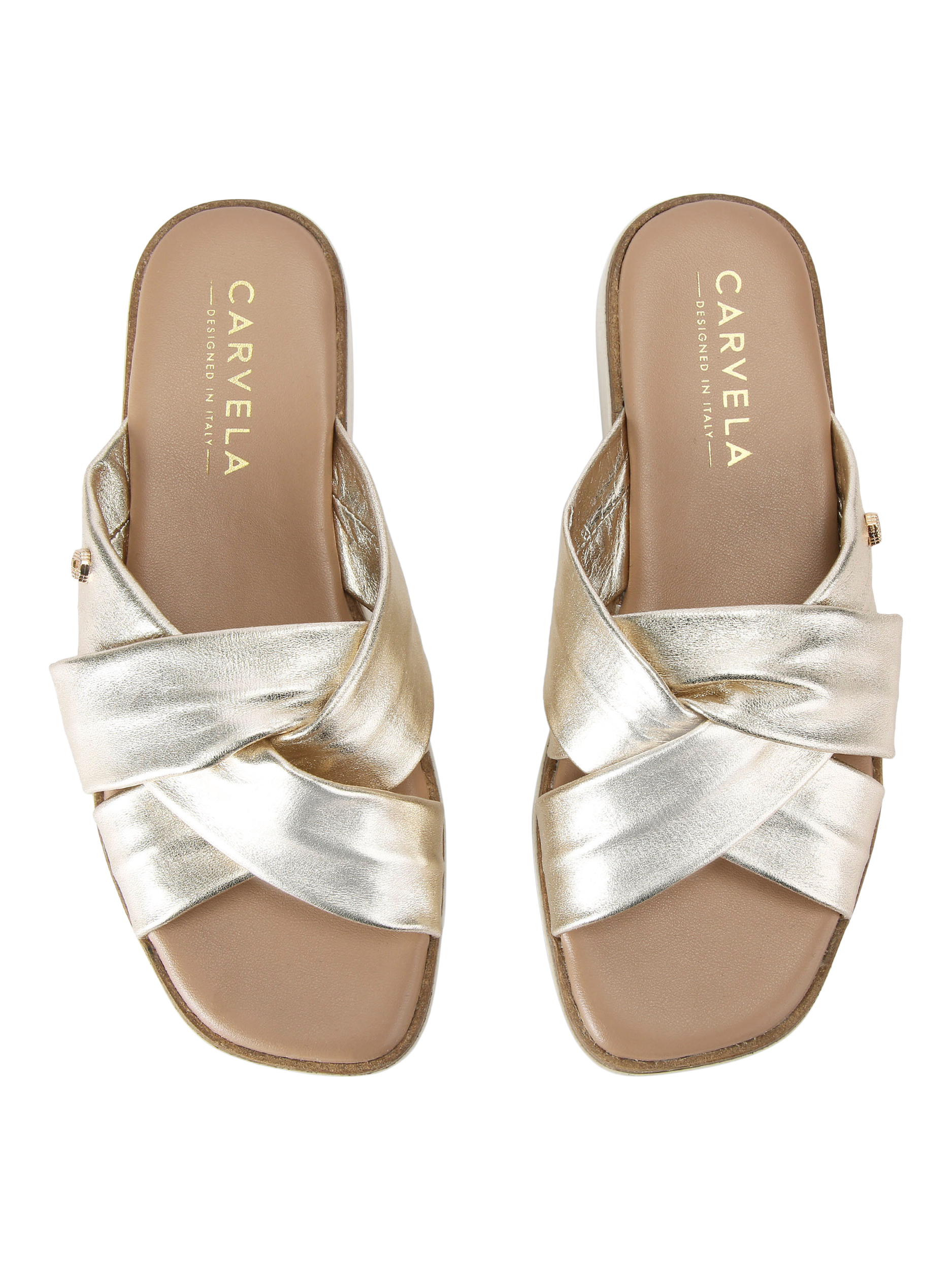 Product image 2 of 4, which shows Carvela Vita Leather Cross Strap Footbed Sandals, Gold, 3