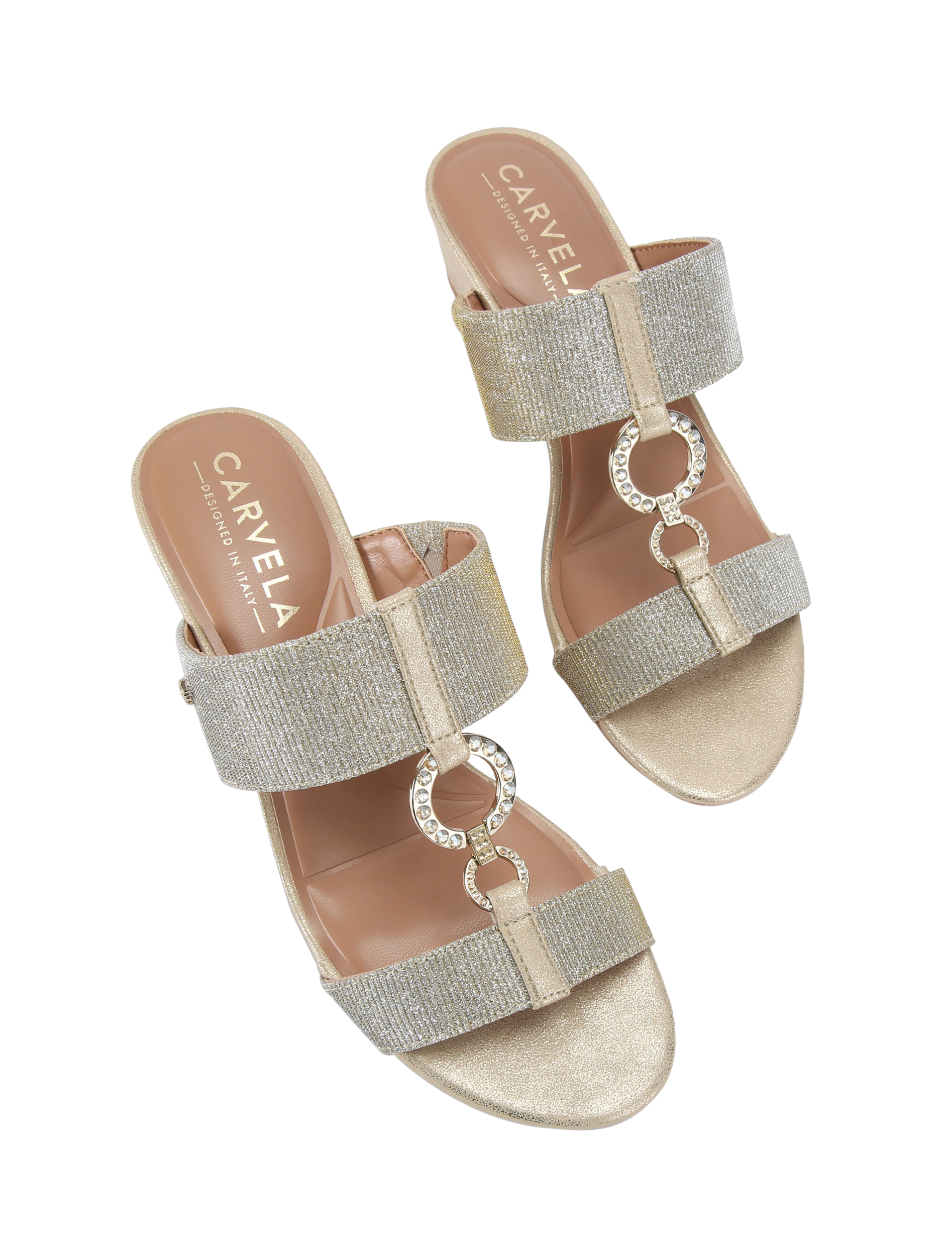 Product image 3 of 5, which shows Carvela Arletta Mid Wedge Heel Embellished Sandals, Gold, 3