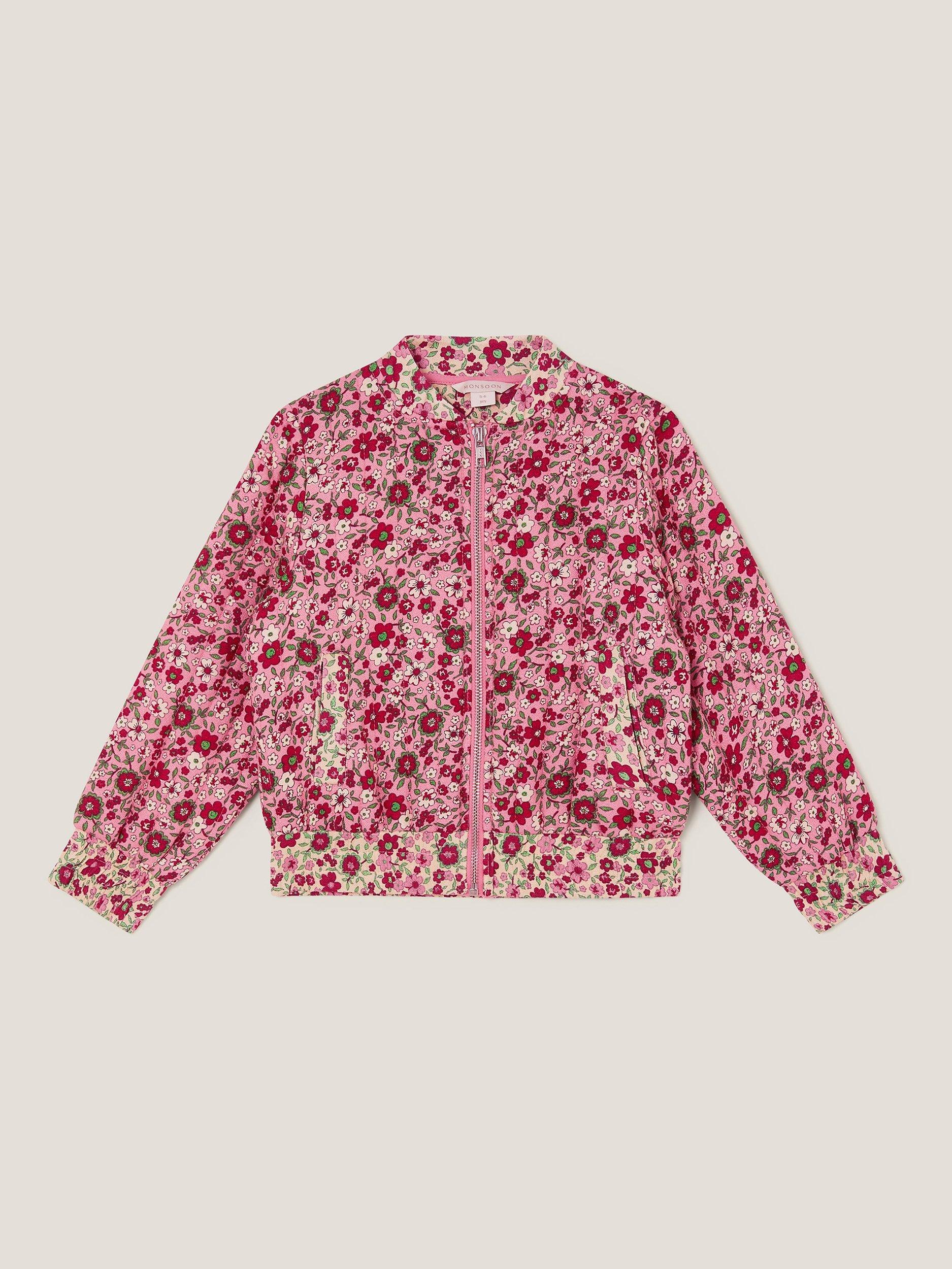 Product image 1 of 3, which shows Monsoon Kids' Floral Bomber Jacket, Pink, 5-6 years