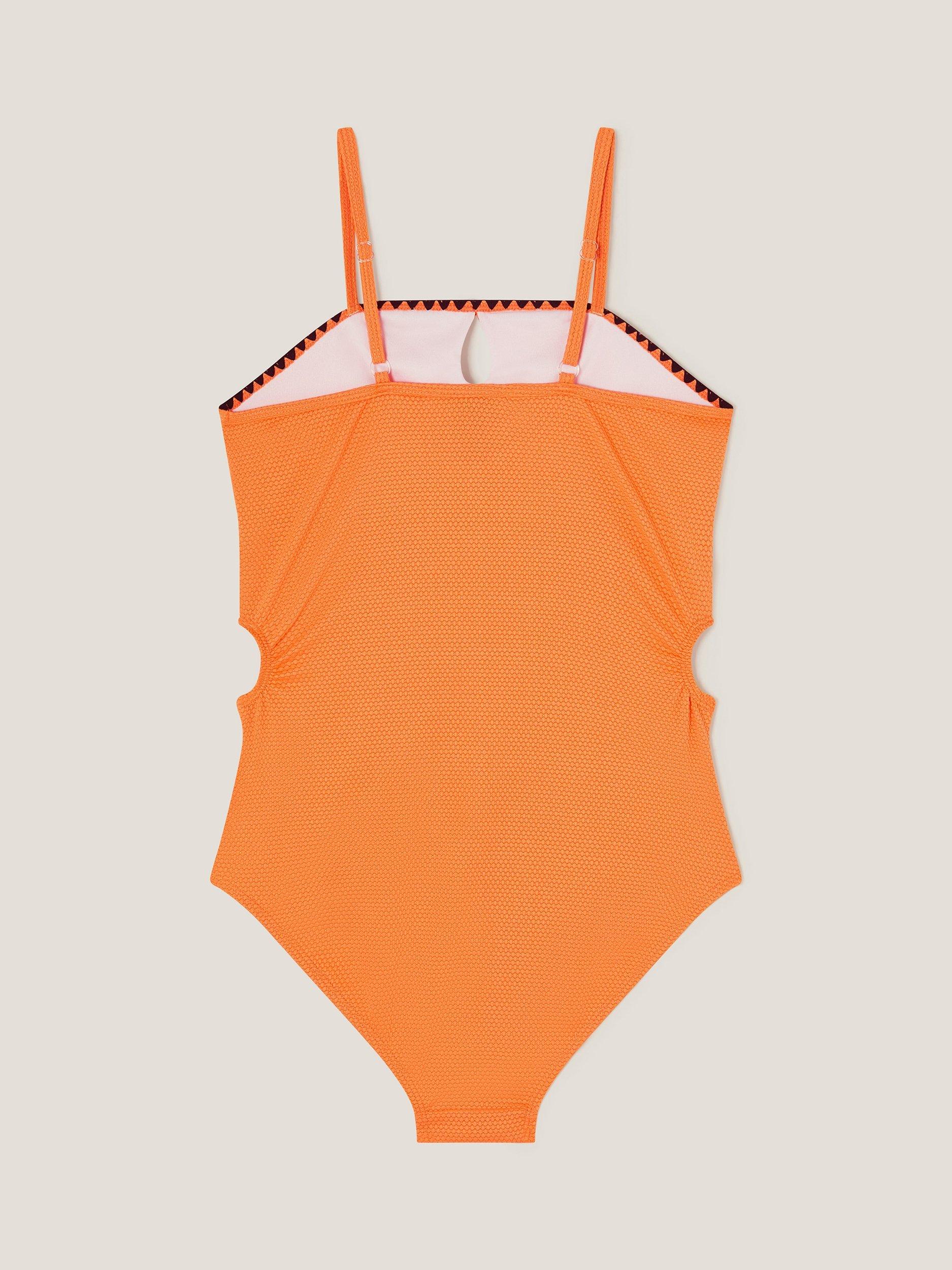 Product image 2 of 3, which shows Monsoon Kids' Cut-Out Swimsuit , Orange, 7-8 years