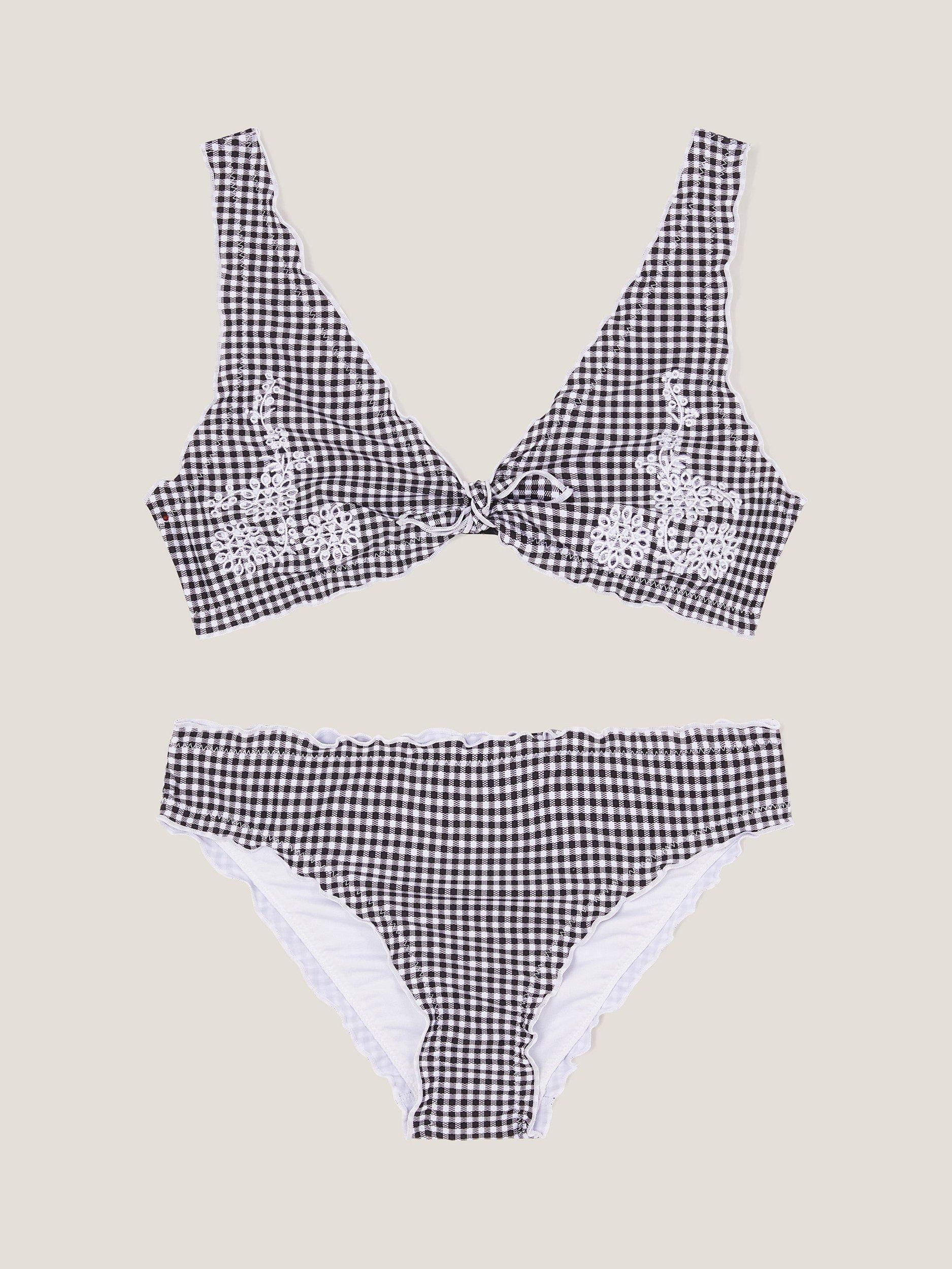 Product image 1 of 3, which shows Monsoon Kids' Gingham Frill Bikini, Black, 7-8 years