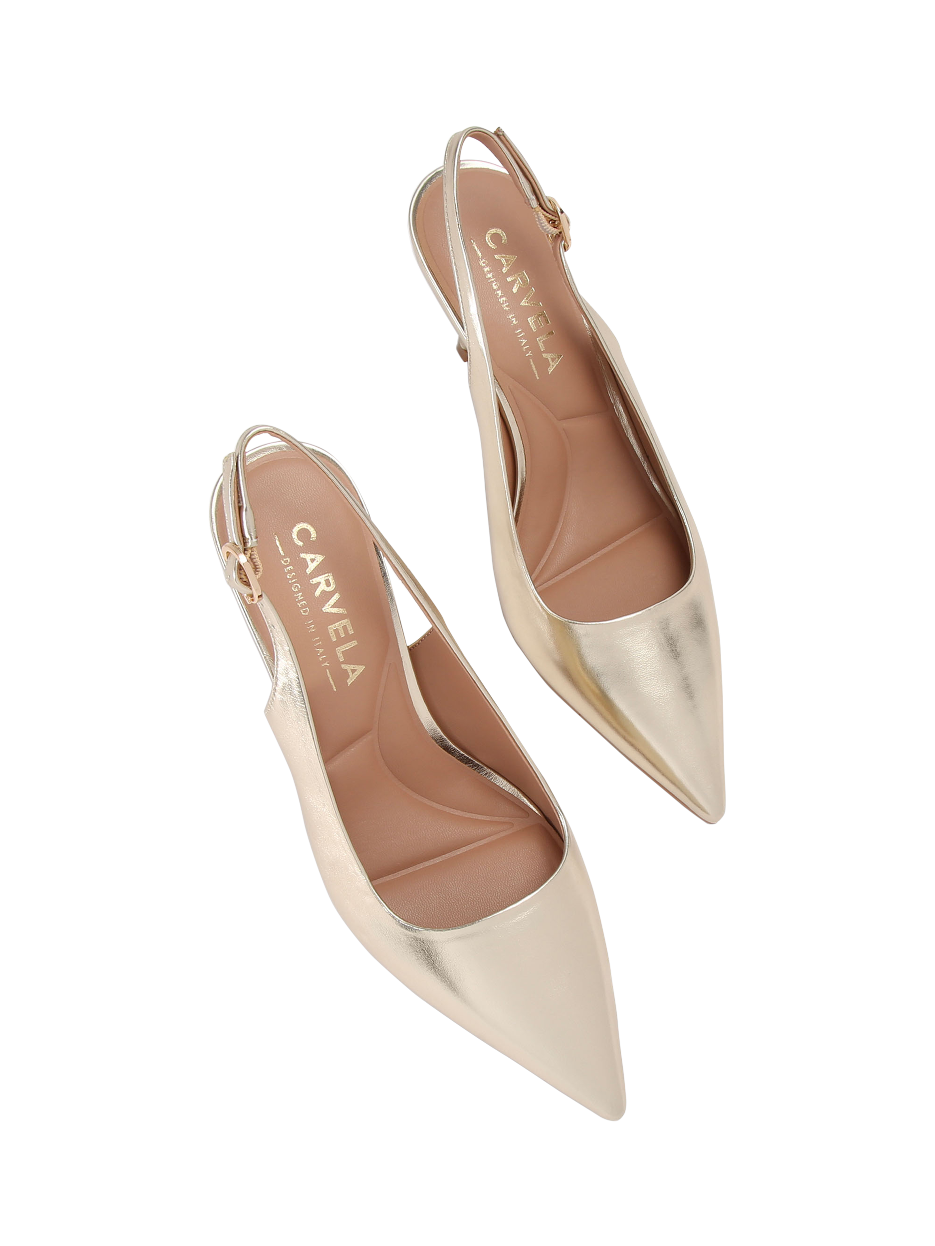 Product image 3 of 4, which shows Carvela Spirit Slingback Pointed Heeled Courts, Gold, 3