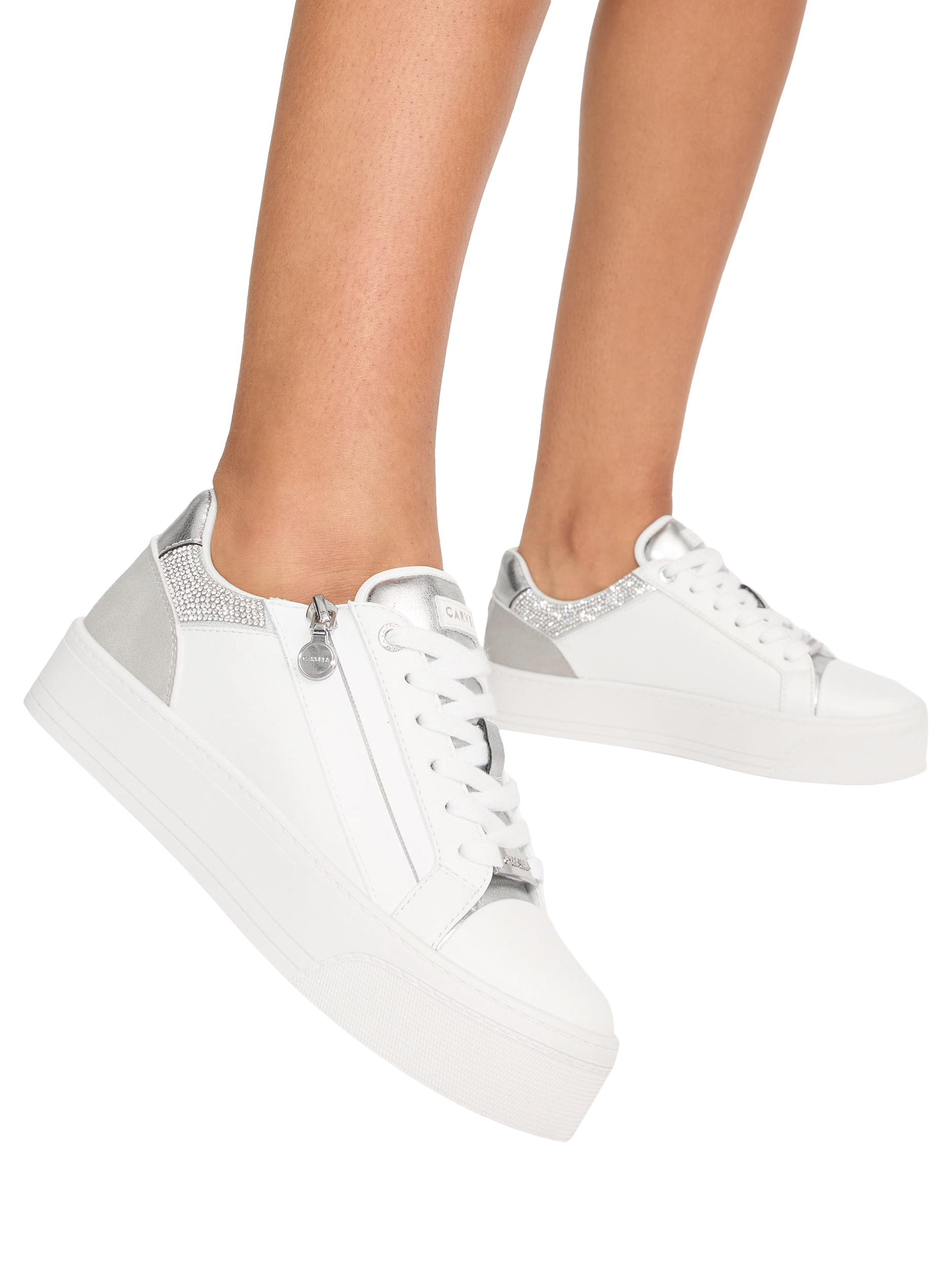 Product image 2 of 5, which shows Carvela Statement Zip Lace Up Fashion Trainers, Silver/Multi, 3
