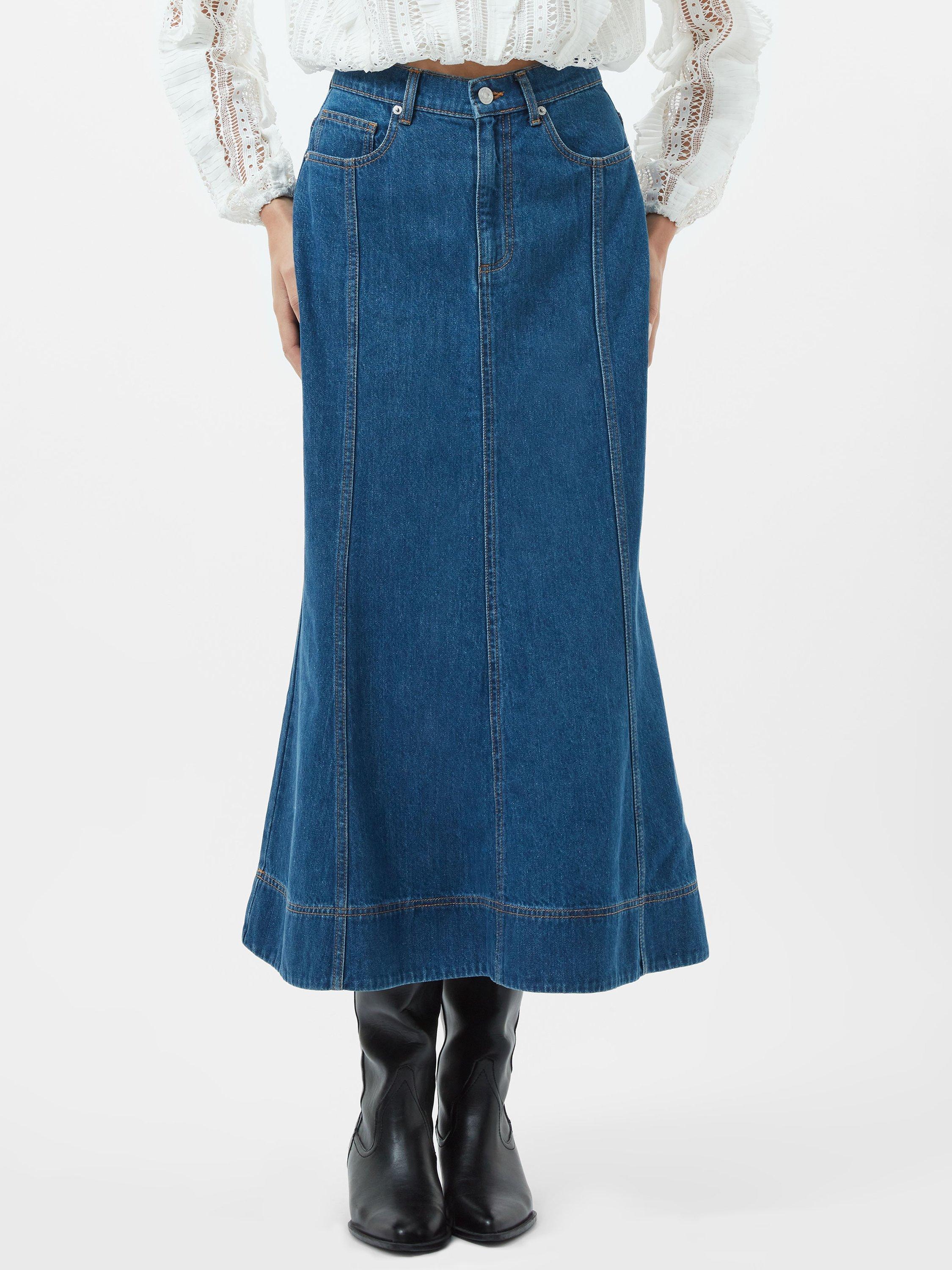 French Connection Finley Denim Flare Midi Skirt, Vintage Blue