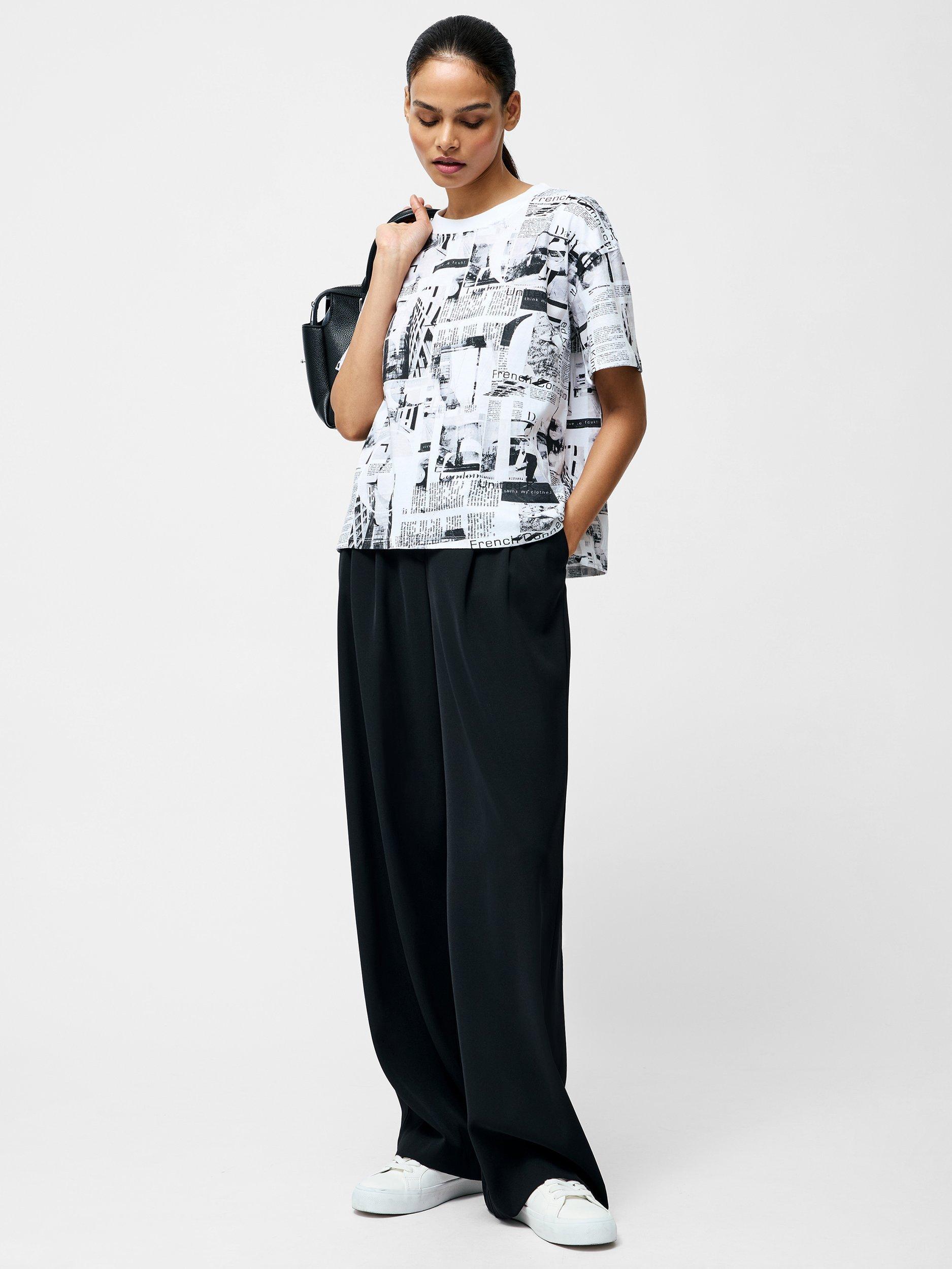 Product image 2 of 4, which shows French Connection Atlantis Dori Newspaper Print Cotton T-Shirt, Black/White, XS