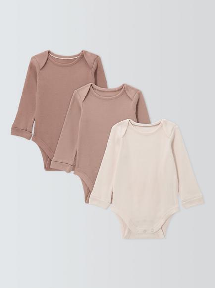 John Lewis Baby Ribbed Long Sleeve Bodysuits, Pack of 3, Neutral Multi, Neutral Multi