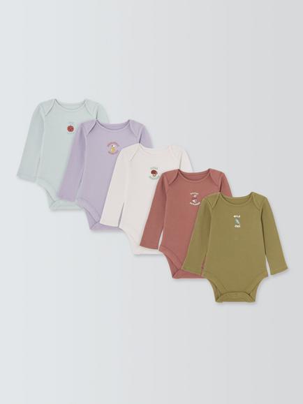John Lewis Baby Rib Slogans Long Sleeve Bodysuits, Pack of 5, Green Multi, Green Multi