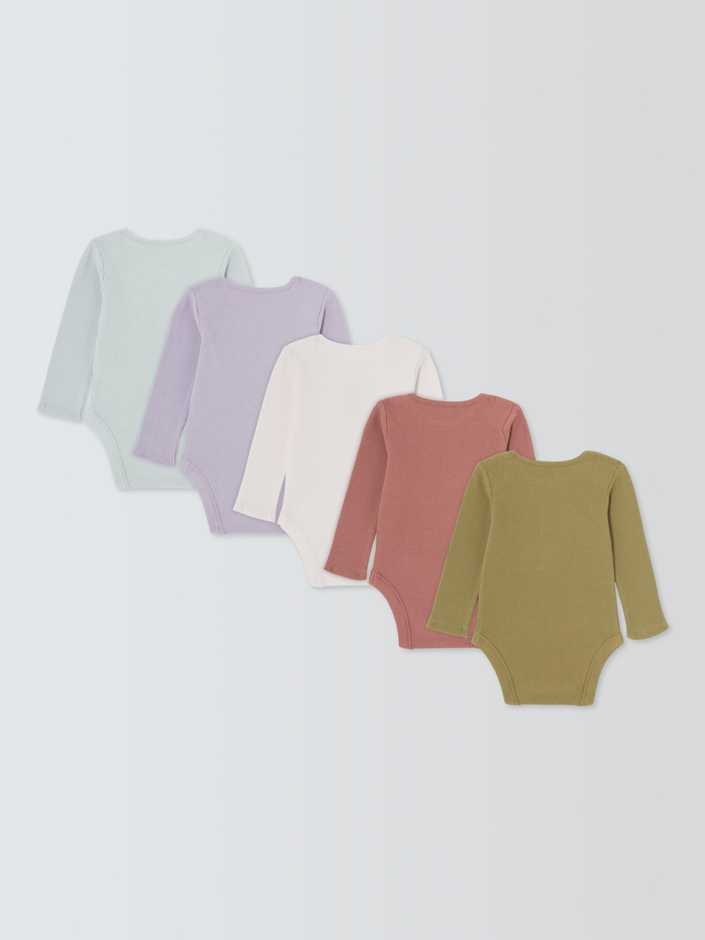 Product image 2 of 3, which shows John Lewis Baby Rib Slogans Long Sleeve Bodysuits, Pack of 5, Green Multi, Newborn