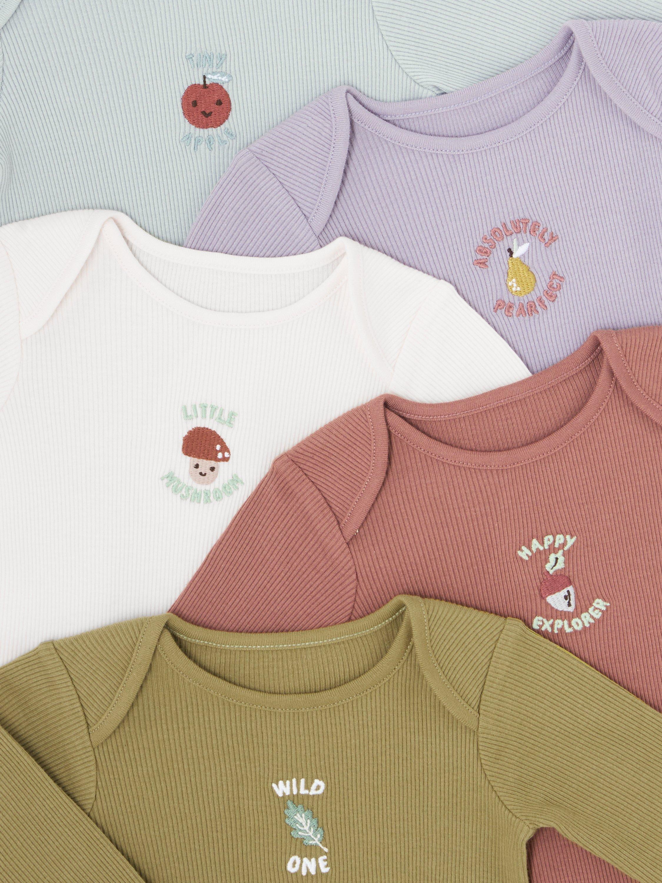 Product image 3 of 3, which shows John Lewis Baby Rib Slogans Long Sleeve Bodysuits, Pack of 5, Green Multi, Newborn