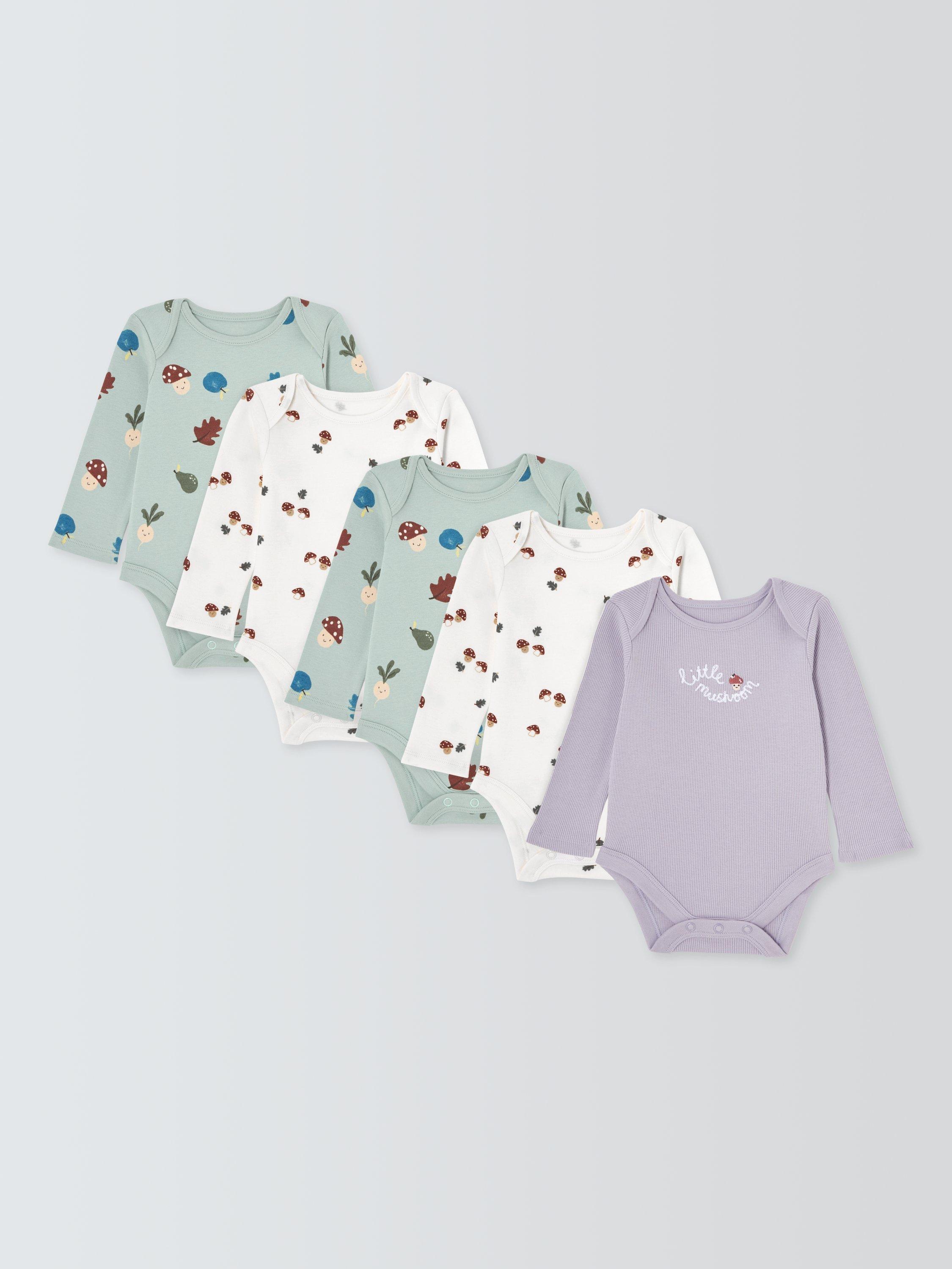 Product image 1 of 3, which shows John Lewis Baby Mushroom Long Sleeve Bodysuits, Pack of 5, Green Multi, Newborn
