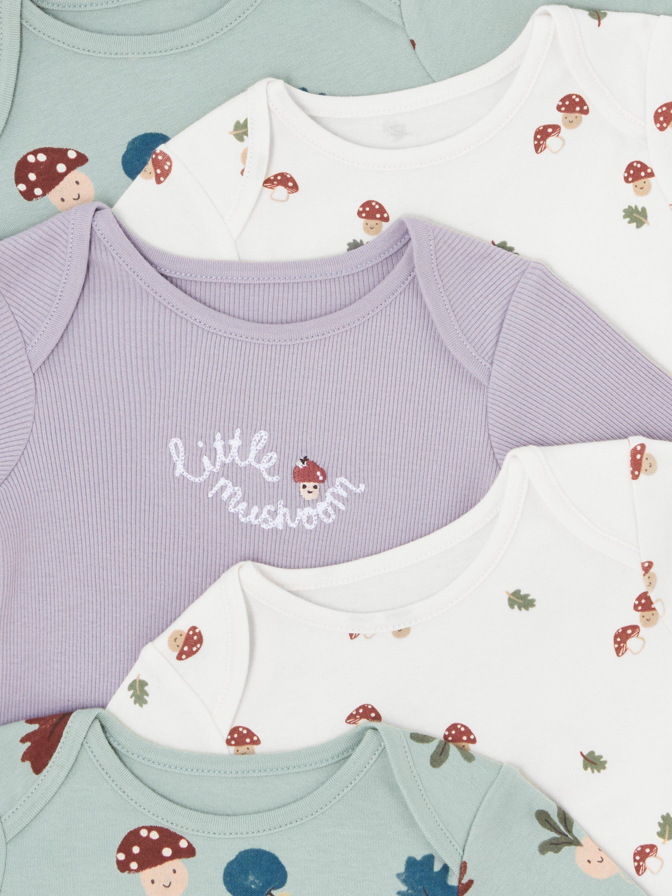 Product image 3 of 3, which shows John Lewis Baby Mushroom Long Sleeve Bodysuits, Pack of 5, Green Multi, Newborn