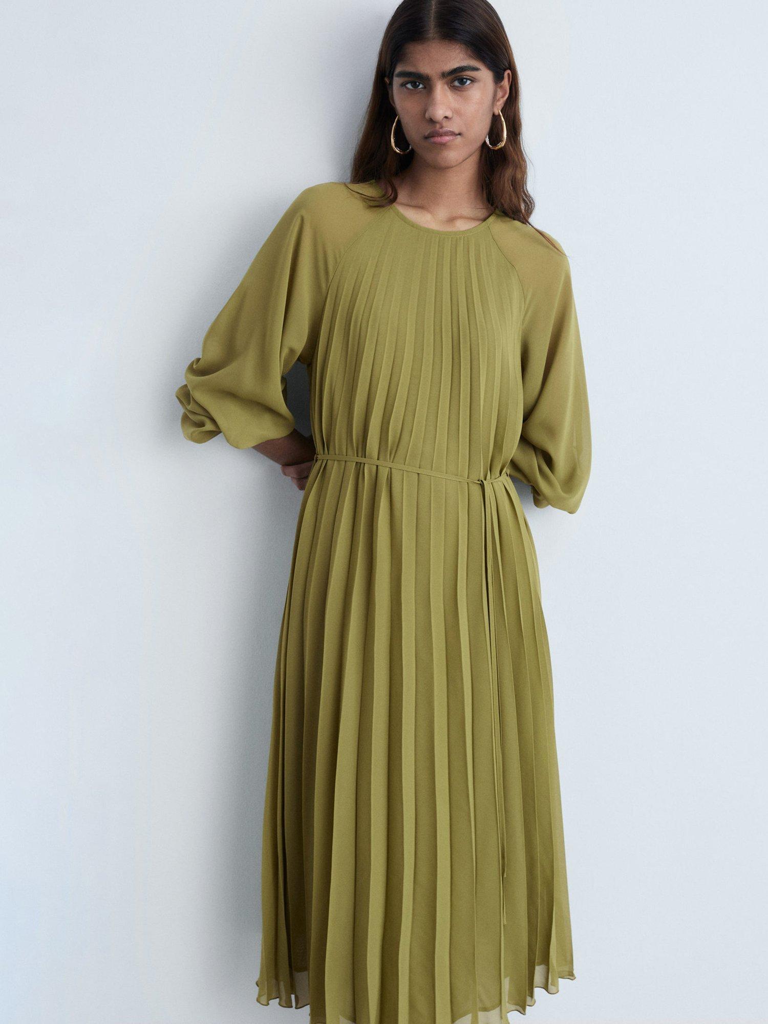 Product image 1 of 7, which shows Mango Dalia Pleated Bow Belt Dress, Olive Green, 10