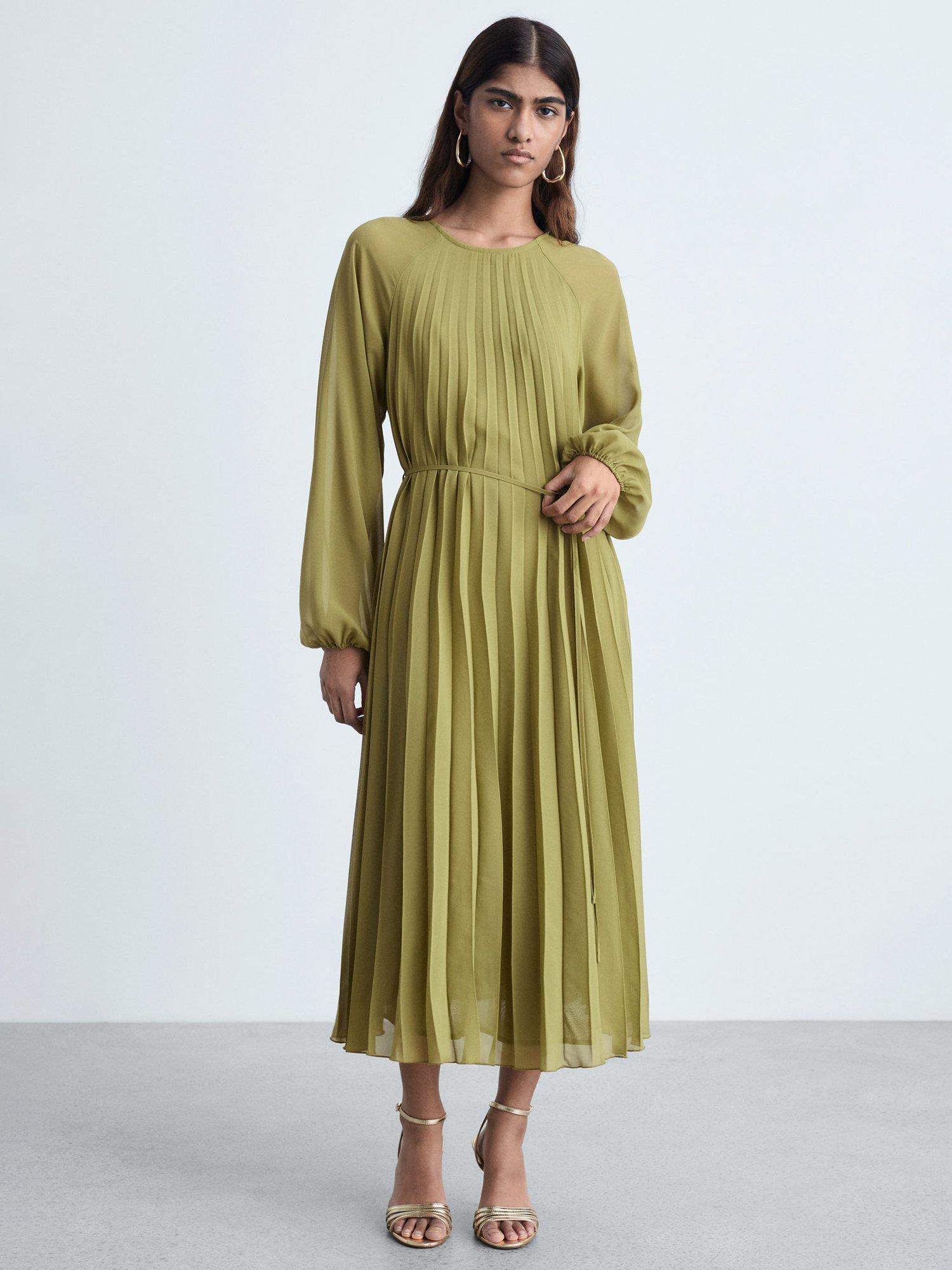 Product image 2 of 7, which shows Mango Dalia Pleated Bow Belt Dress, Olive Green, 10