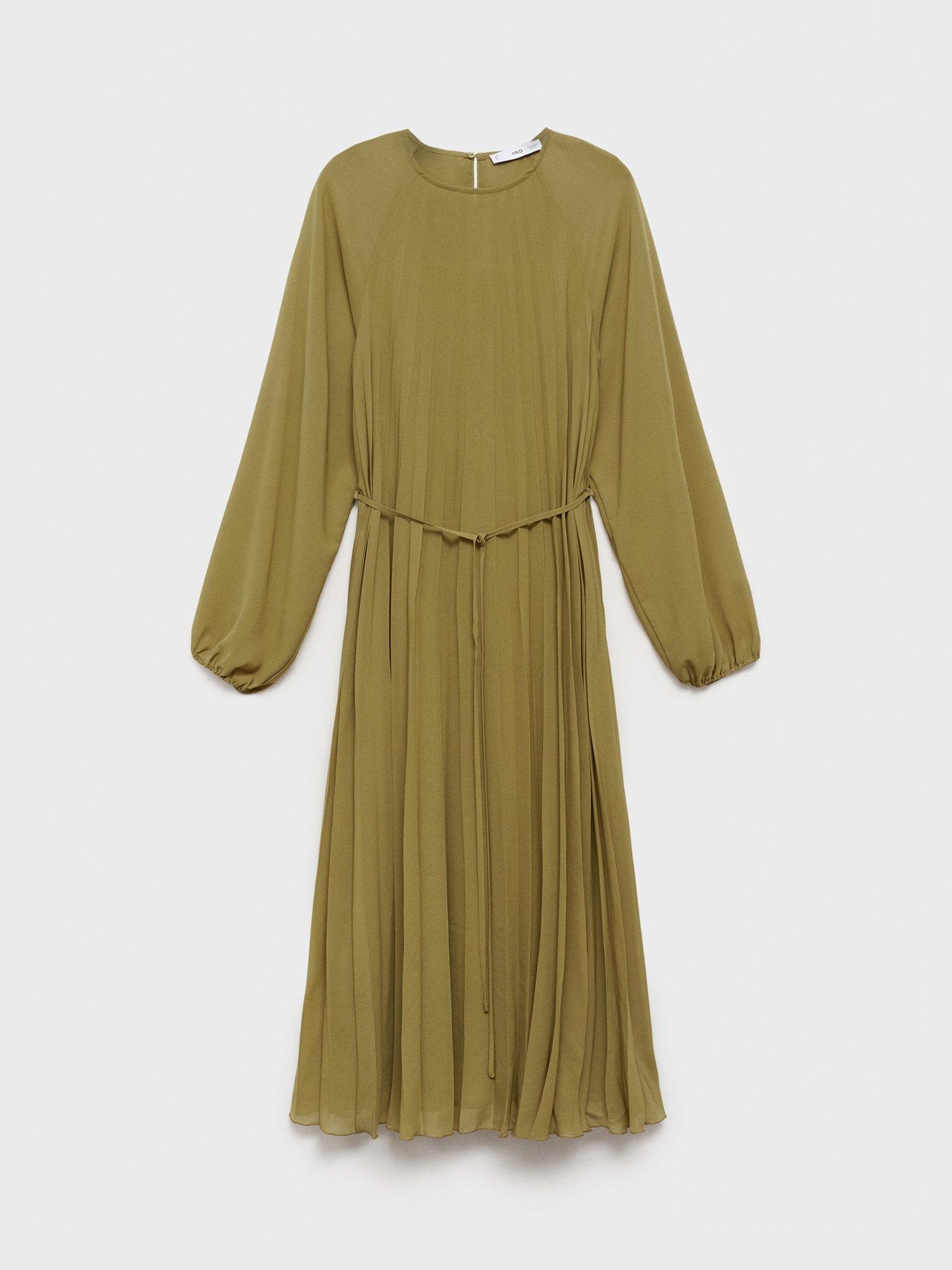Product image 3 of 7, which shows Mango Dalia Pleated Bow Belt Dress, Olive Green, 10