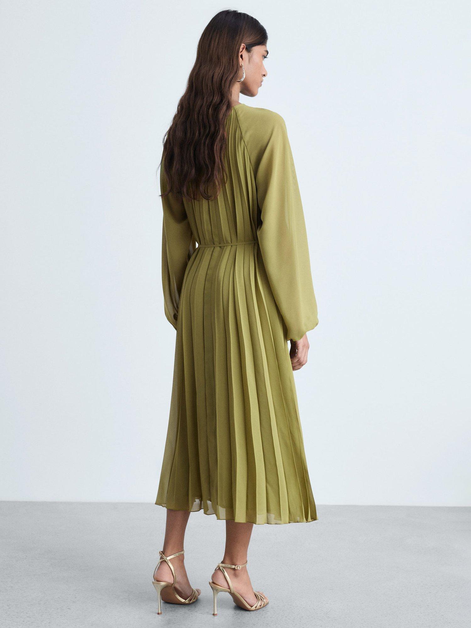 Product image 4 of 7, which shows Mango Dalia Pleated Bow Belt Dress, Olive Green, 10