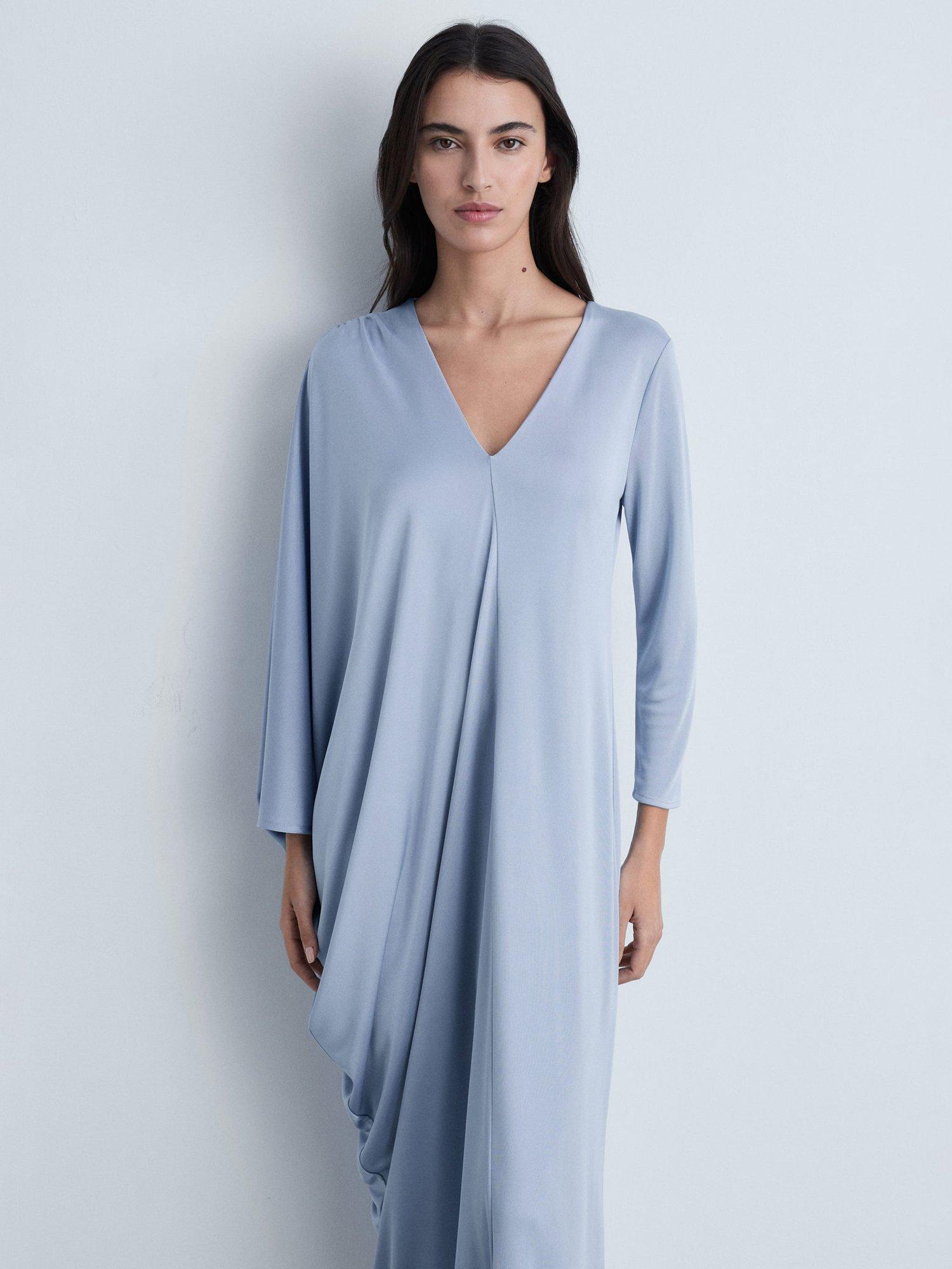 Product image 1 of 7, which shows Mango Leia Asymmetric Chiffon Dress, Pastel Blue, 10
