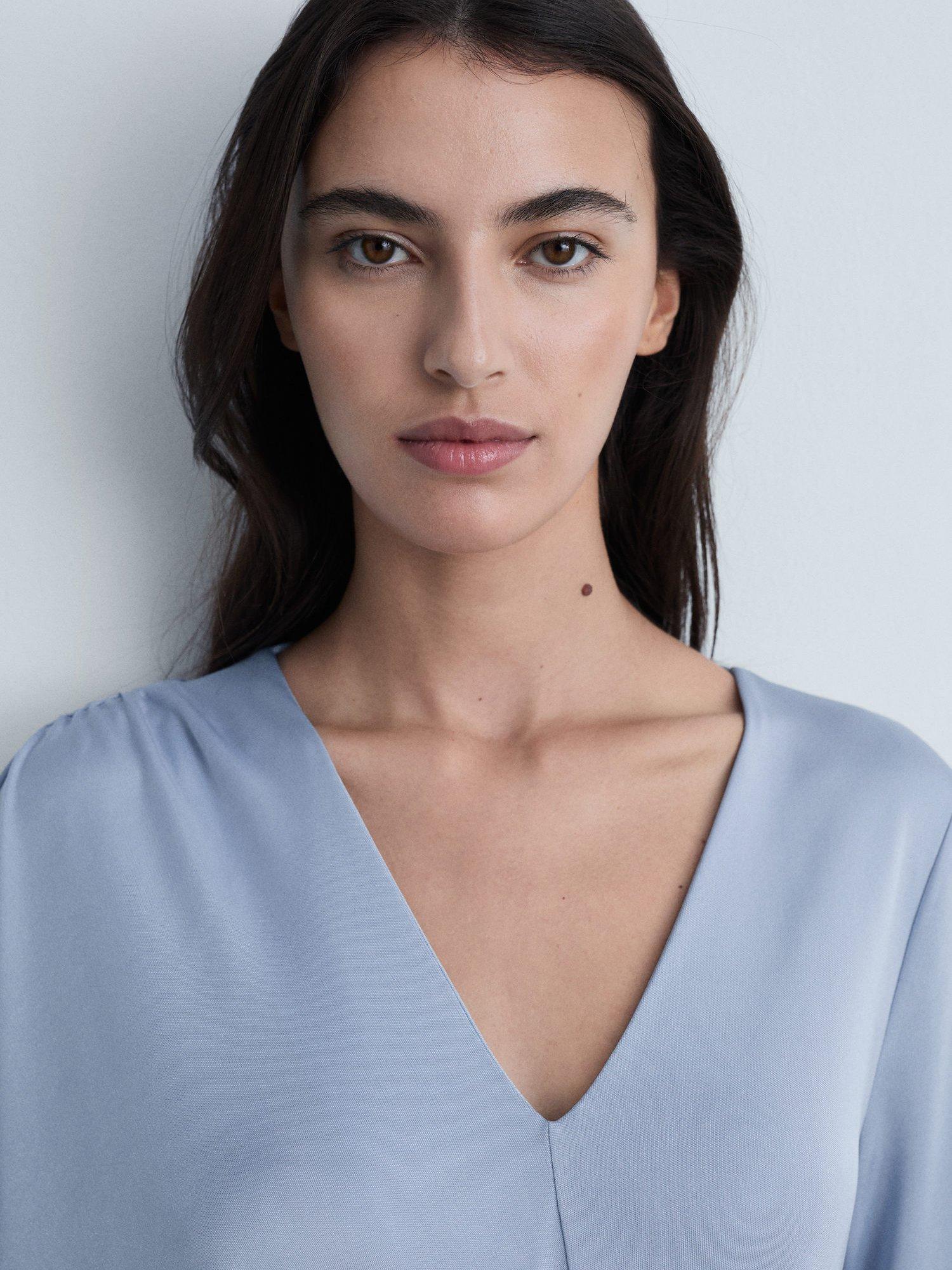 Product image 6 of 7, which shows Mango Leia Asymmetric Chiffon Dress, Pastel Blue, 10