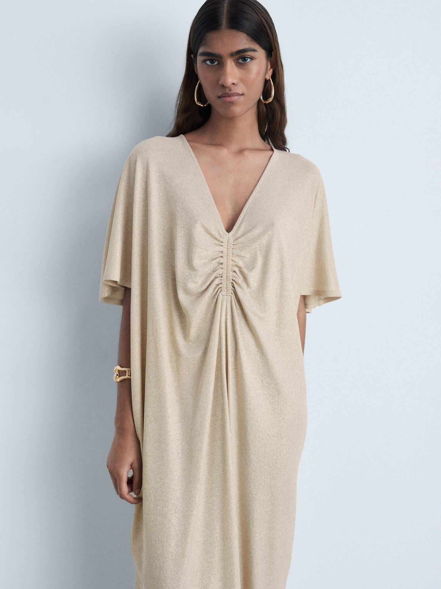 Product image 1 of 7, which shows Mango Leialu Gathered Drape Dress, Gold, 10