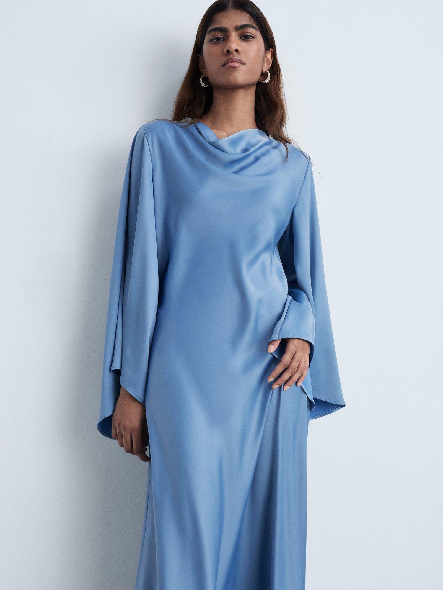 Product image 2 of 7, which shows Mango Maria Flared Sleeve Satin Dress, Medium Blue, 6