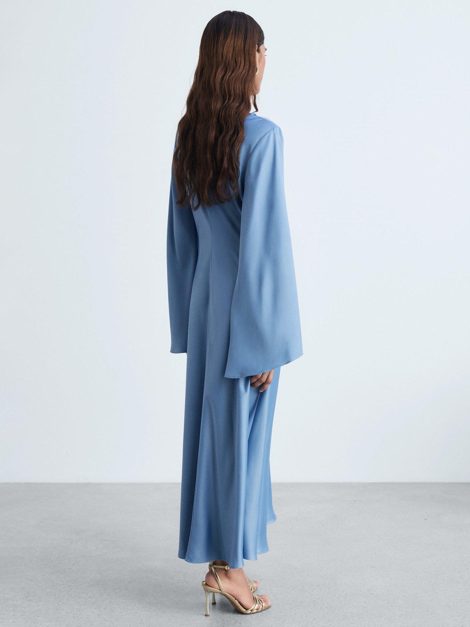 Product image 4 of 7, which shows Mango Maria Flared Sleeve Satin Dress, Medium Blue, 6