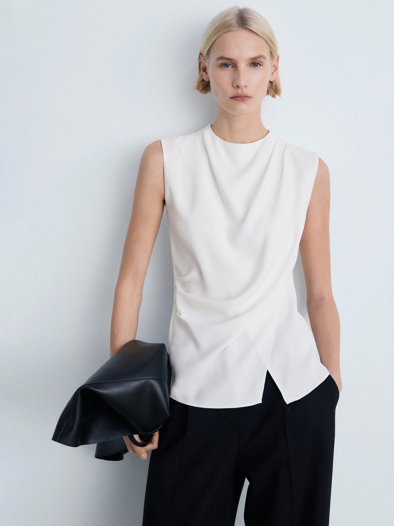 Product image 1 of 8, which shows Mango Area Drape Sleeveless Top, Natural White, 10