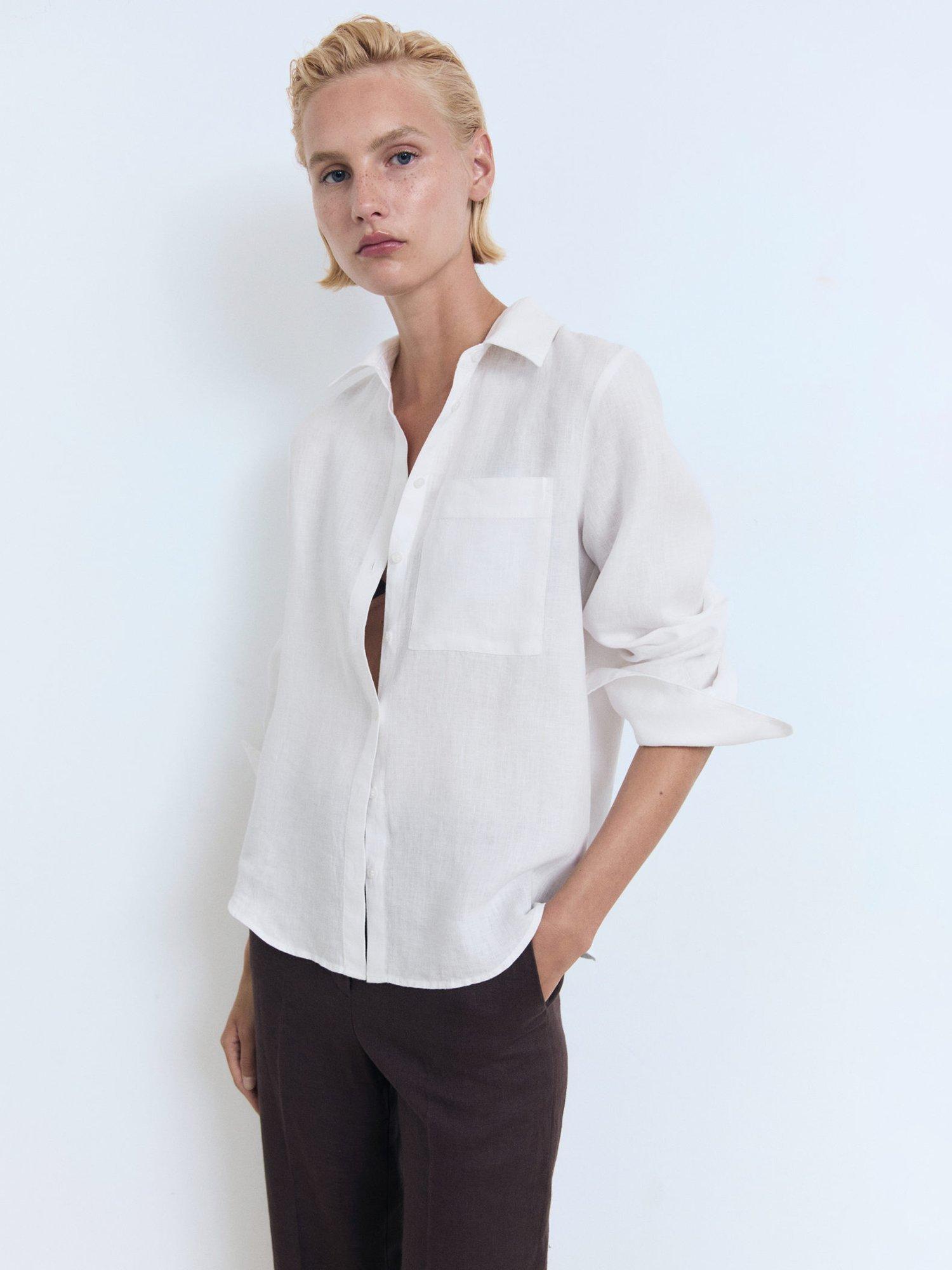 Mango Lino Long Sleeve Pure Linen Shirt, Natural White