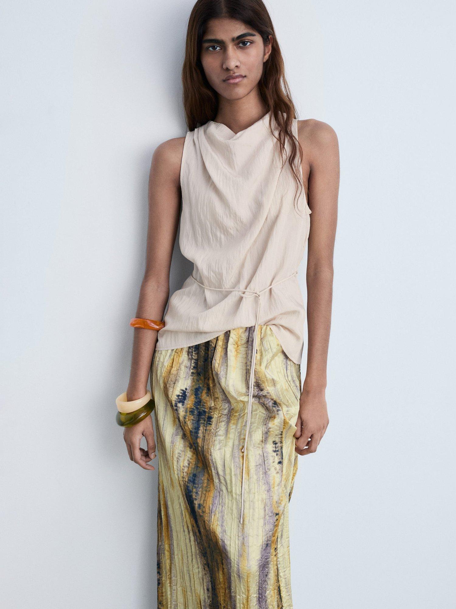 Product image 1 of 8, which shows Mango Moira Textured Bow Top, Beige, XS