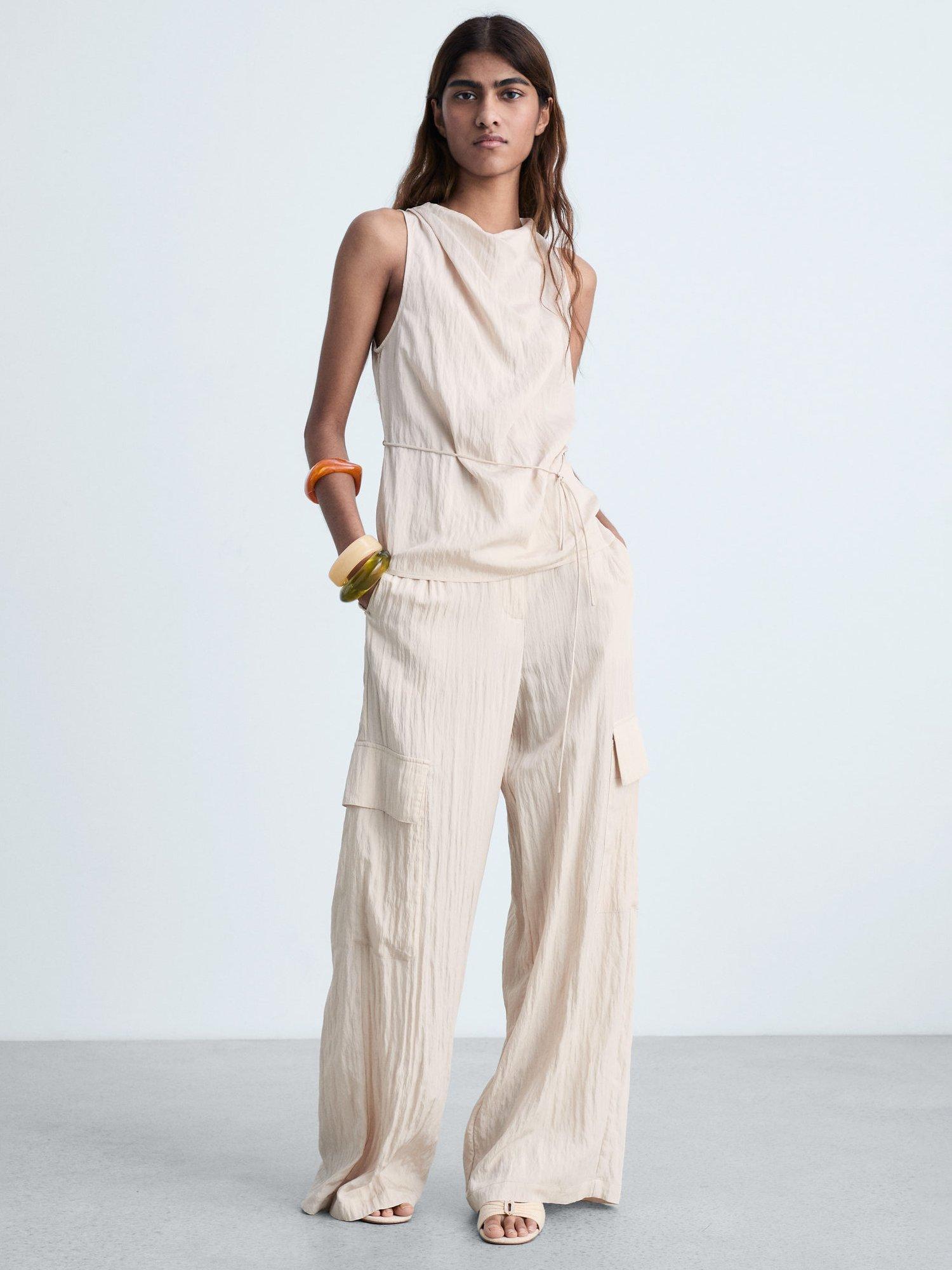Product image 2 of 8, which shows Mango Moira Textured Bow Top, Beige, XS