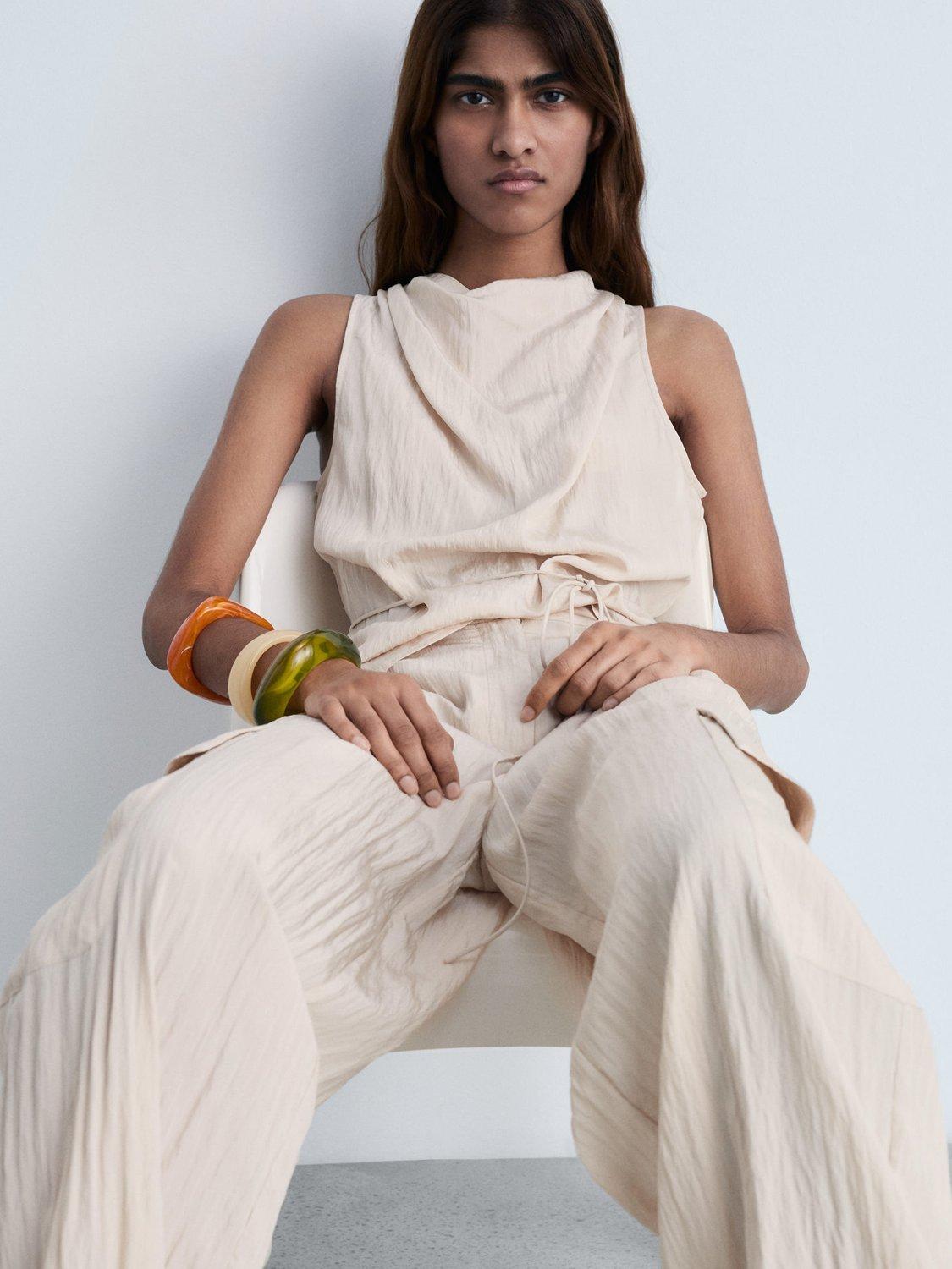 Product image 7 of 8, which shows Mango Moira Textured Bow Top, Beige, XS