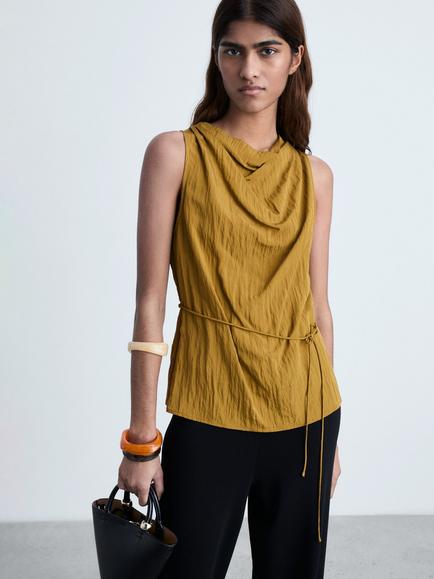Mango Moira Textured Bow Top, Olive Green