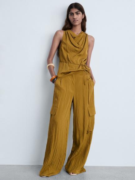 Mango Moira Textured Bow Top - view 2, Olive Green