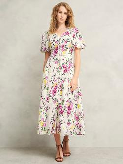 Hobbs Petite Taylor Floral Linen Blend Dress, Ivory/Multi, Ivory/Multi