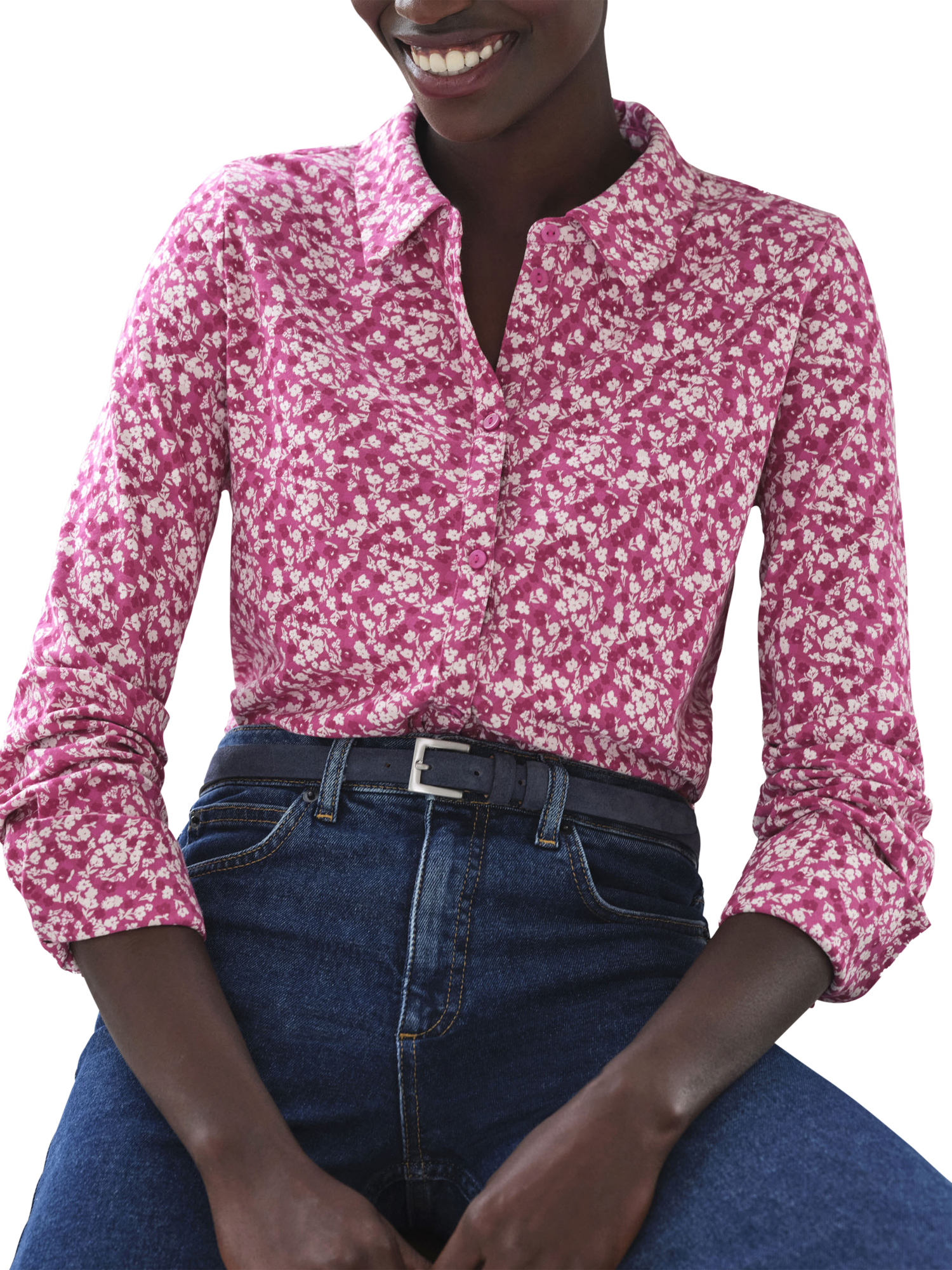 Product image 1 of 3, which shows Pure Collection Floral Organic Cotton Rich Jersey Shirt, Pink/Multi, 8
