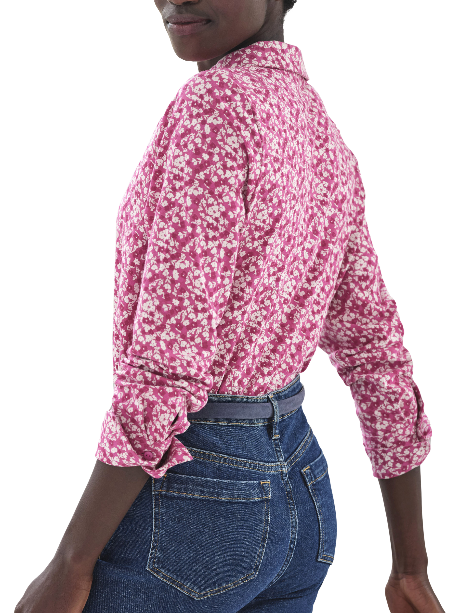 Product image 2 of 3, which shows Pure Collection Floral Organic Cotton Rich Jersey Shirt, Pink/Multi, 8