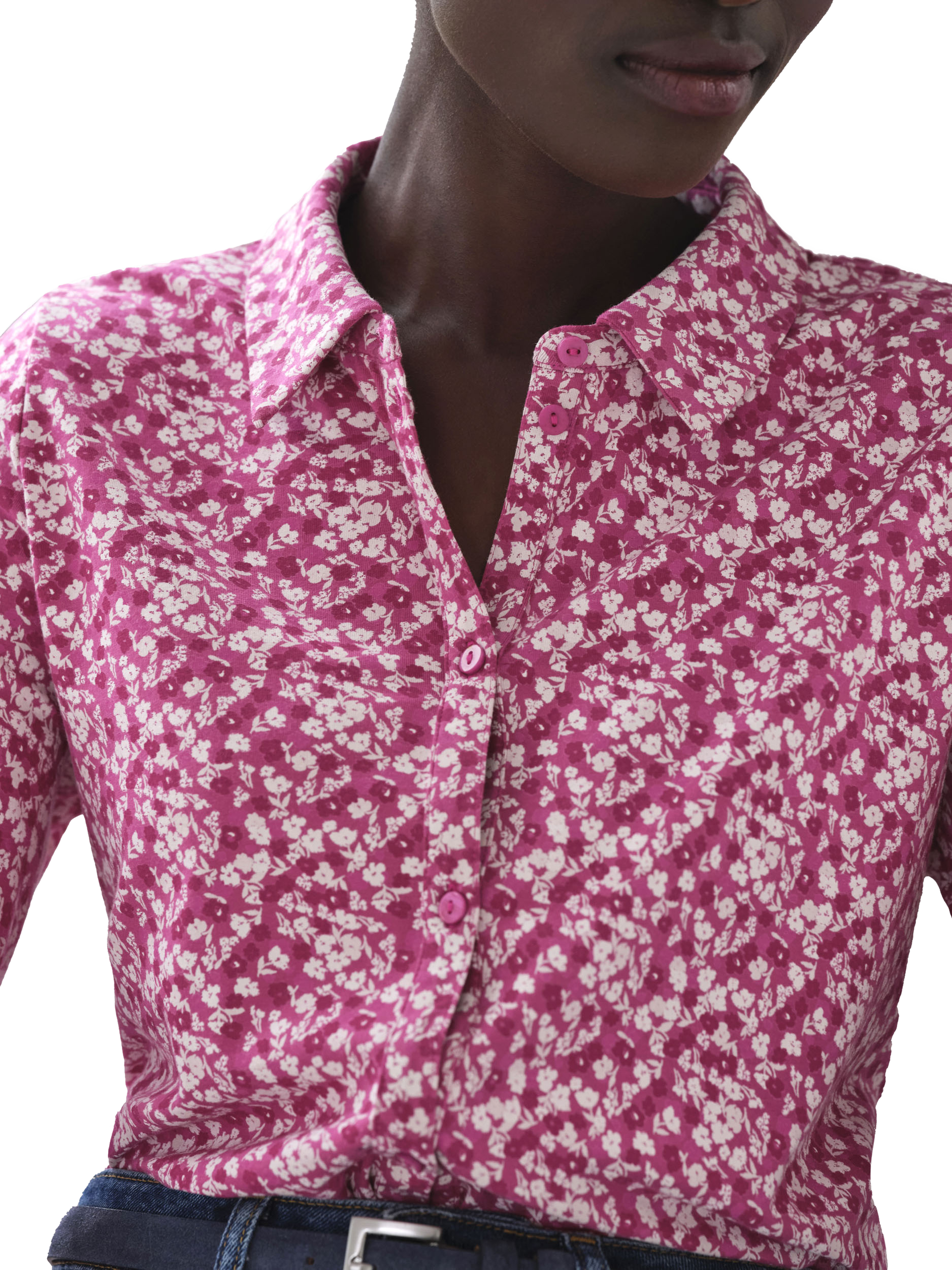 Product image 3 of 3, which shows Pure Collection Floral Organic Cotton Rich Jersey Shirt, Pink/Multi, 8