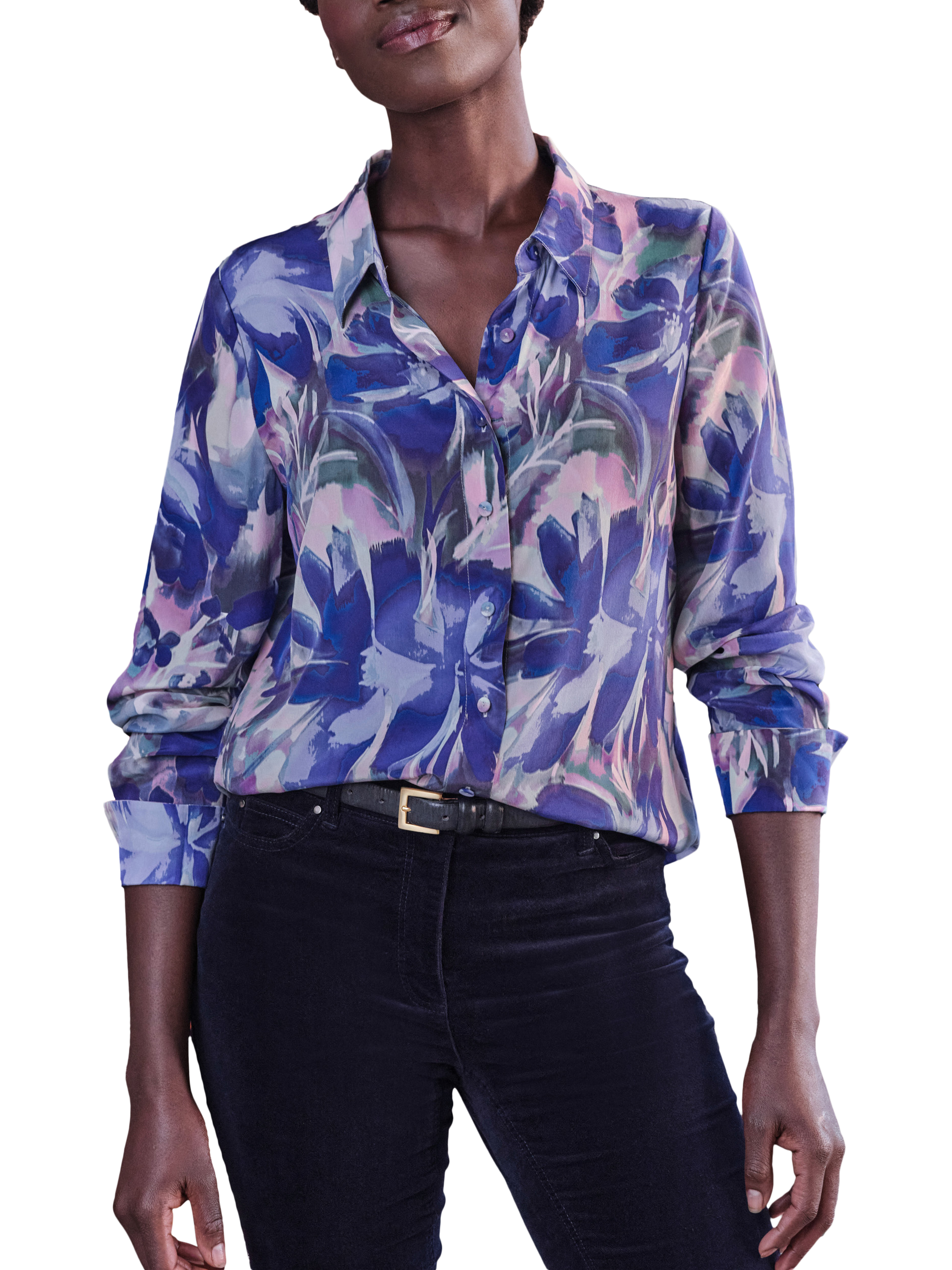 Product image 1 of 3, which shows Pure Collection Watercolour Pure Silk Shirt, Blue/Multi, 8
