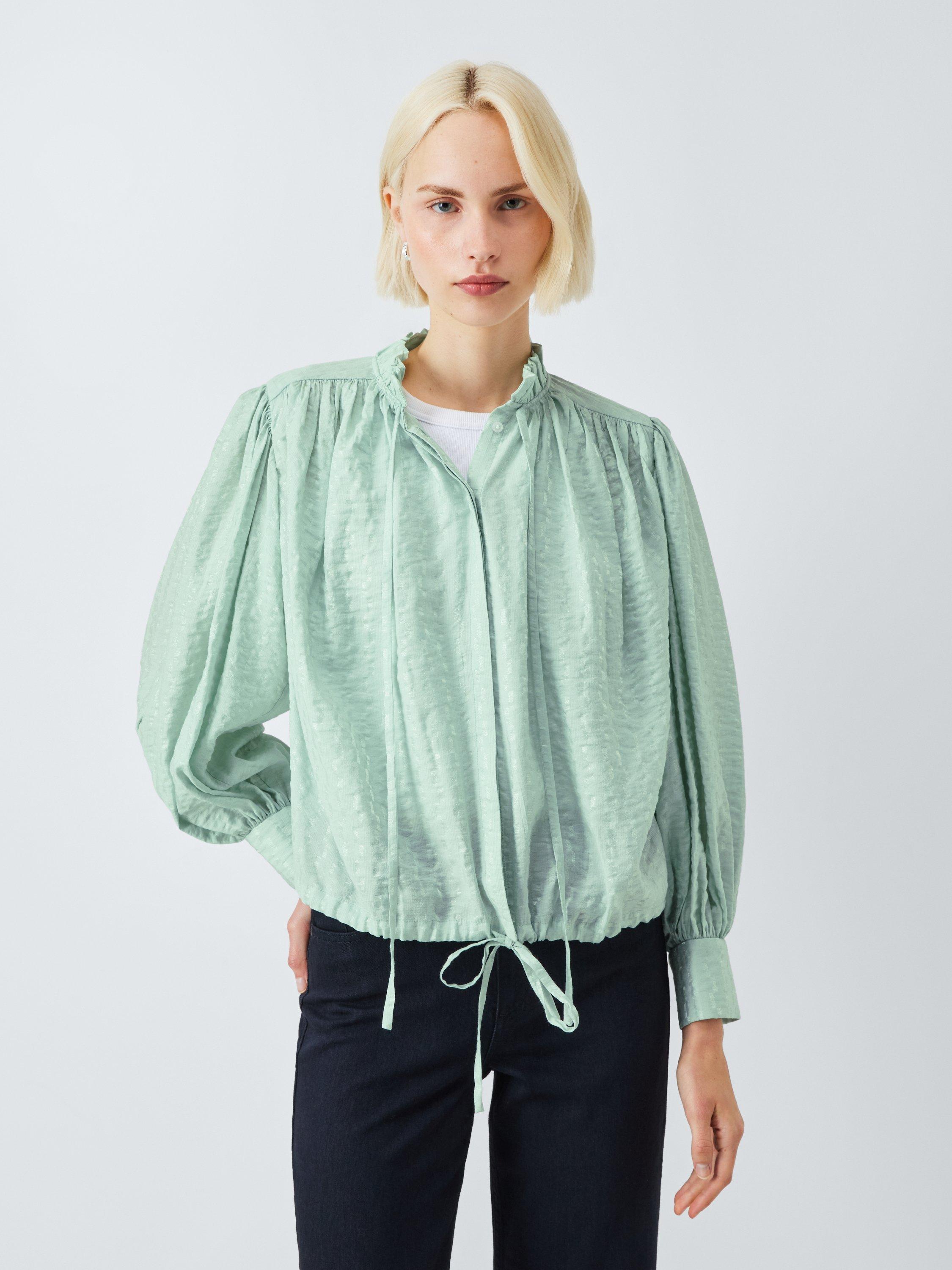 Product image 1 of 6, which shows AND/OR Boho Tie Neck Blouse, Aqua, 6