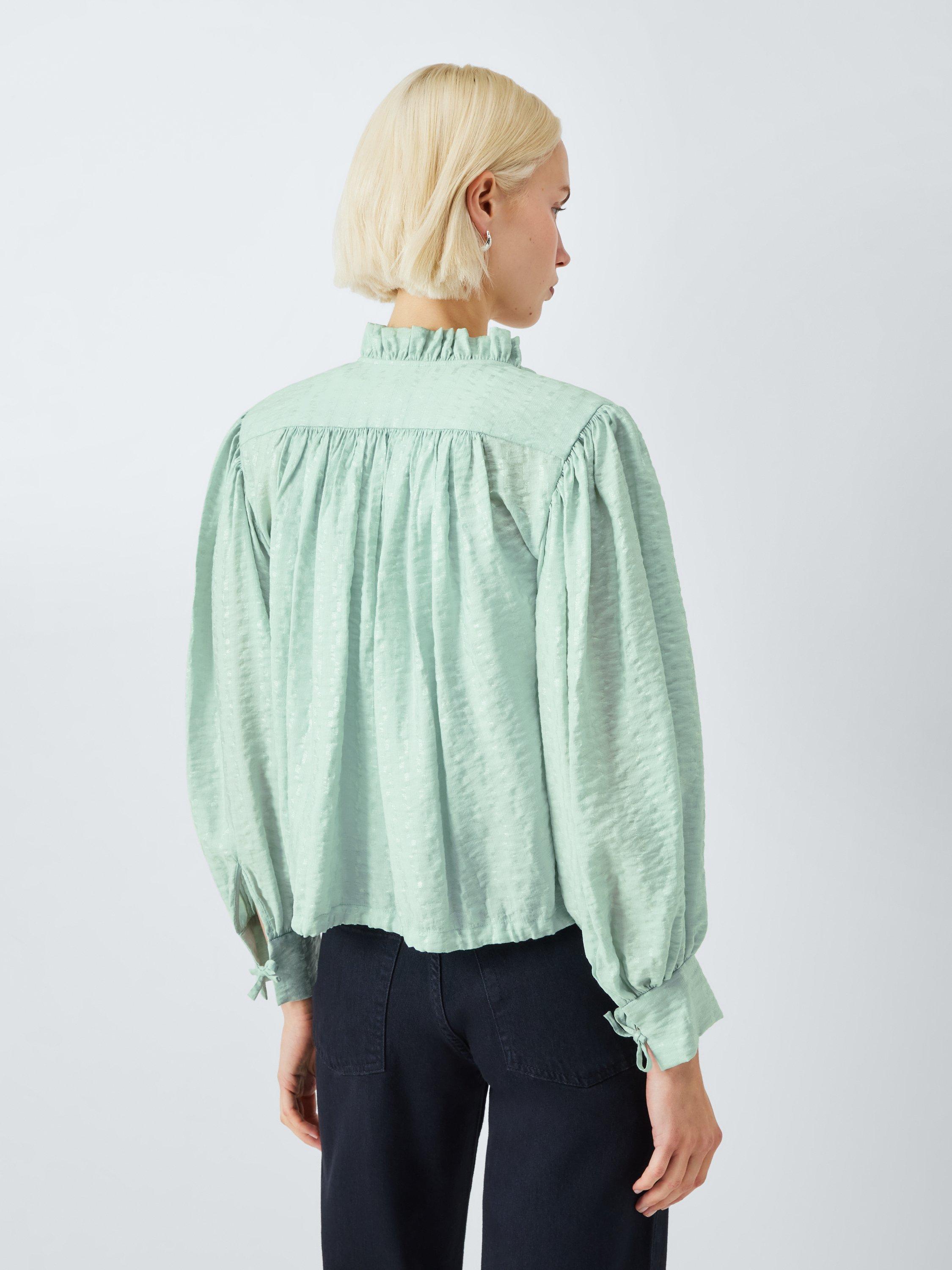 Product image 2 of 6, which shows AND/OR Boho Tie Neck Blouse, Aqua, 6