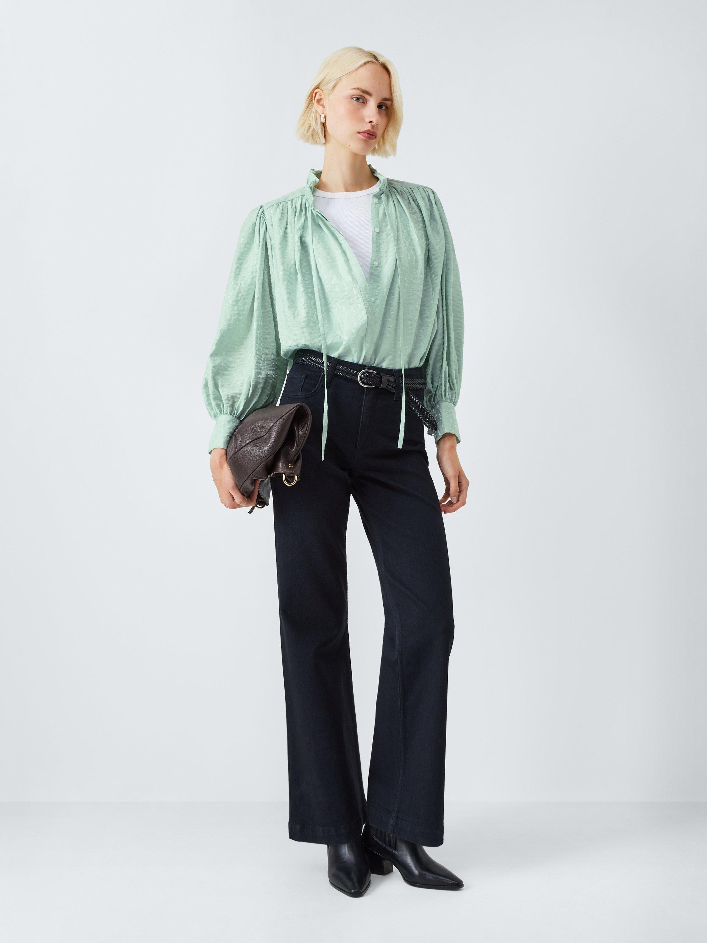 Product image 3 of 6, which shows AND/OR Boho Tie Neck Blouse, Aqua, 6