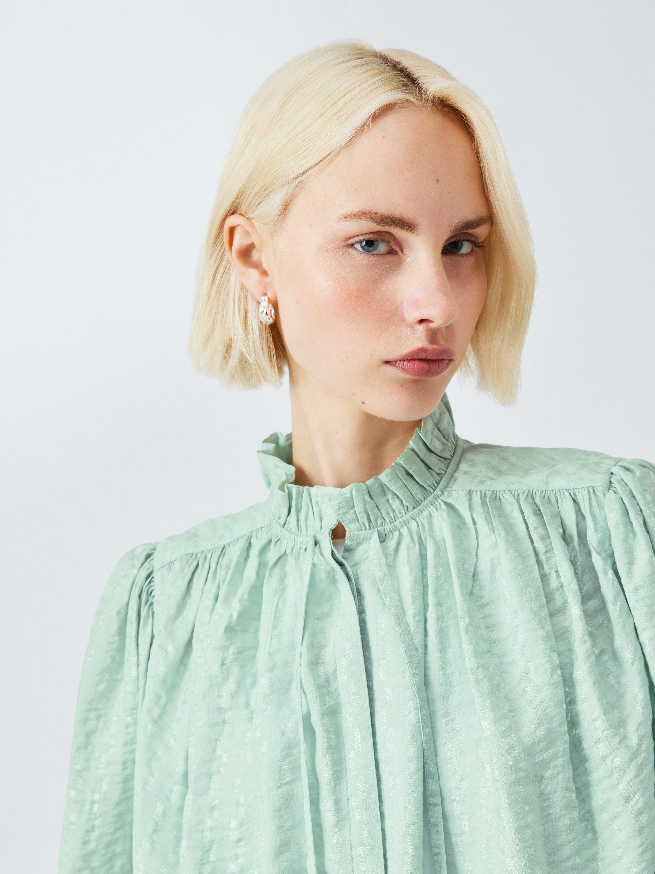 Product image 5 of 6, which shows AND/OR Boho Tie Neck Blouse, Aqua, 6