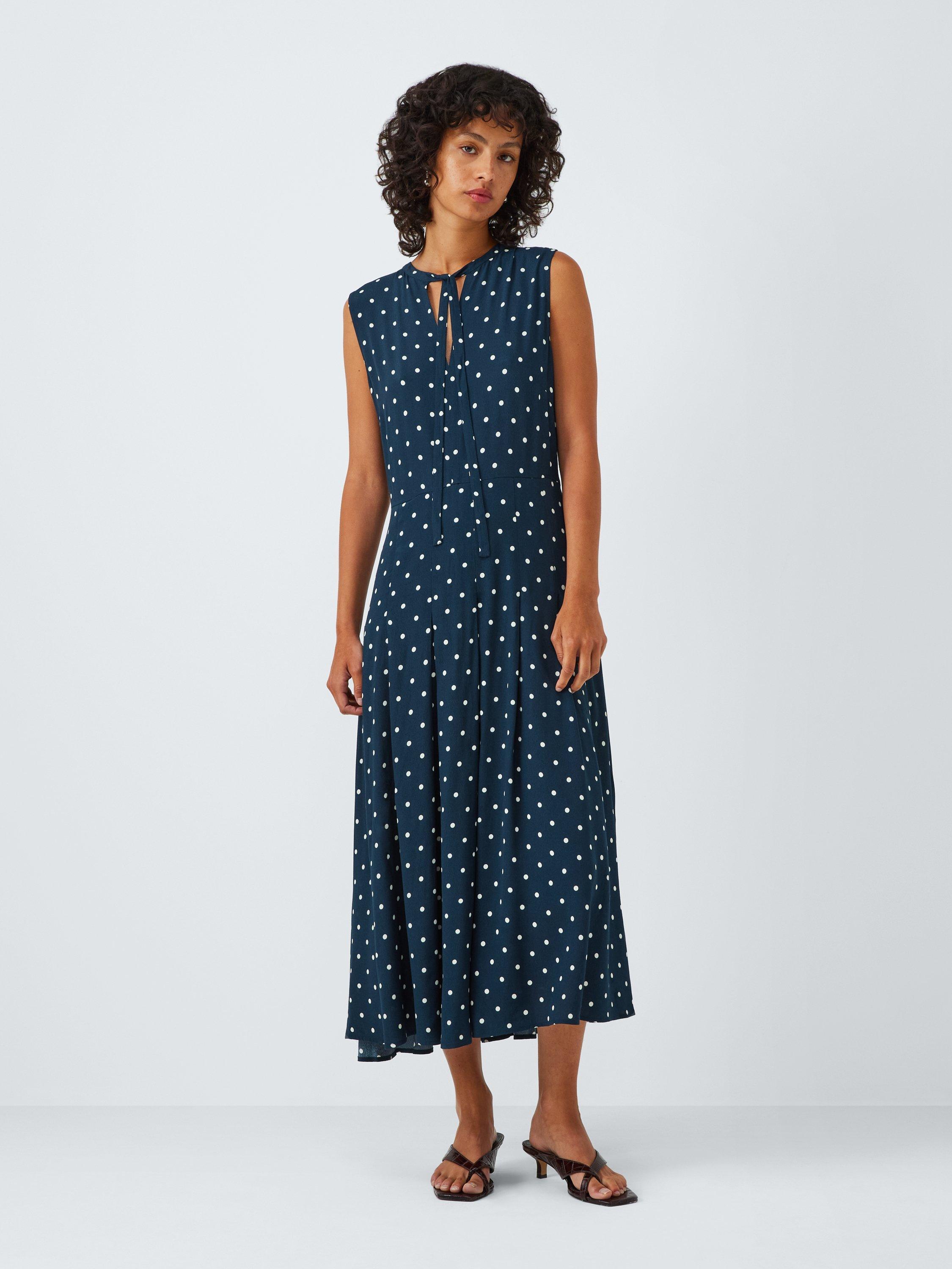 Product image 1 of 6, which shows John Lewis Sophia Spotty Print Pleated Midi Dress, Blue, 8