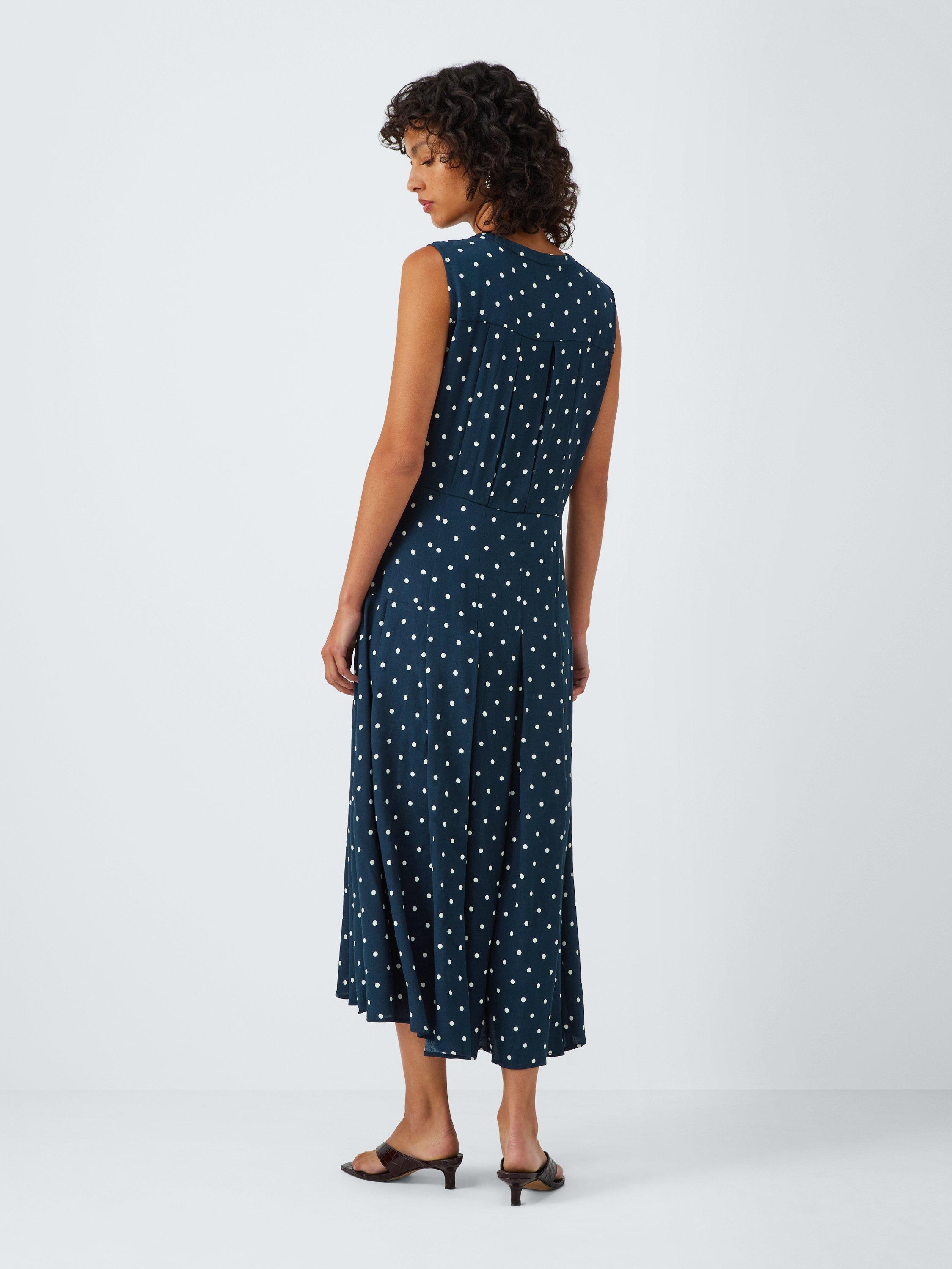 Product image 2 of 6, which shows John Lewis Sophia Spotty Print Pleated Midi Dress, Blue, 8