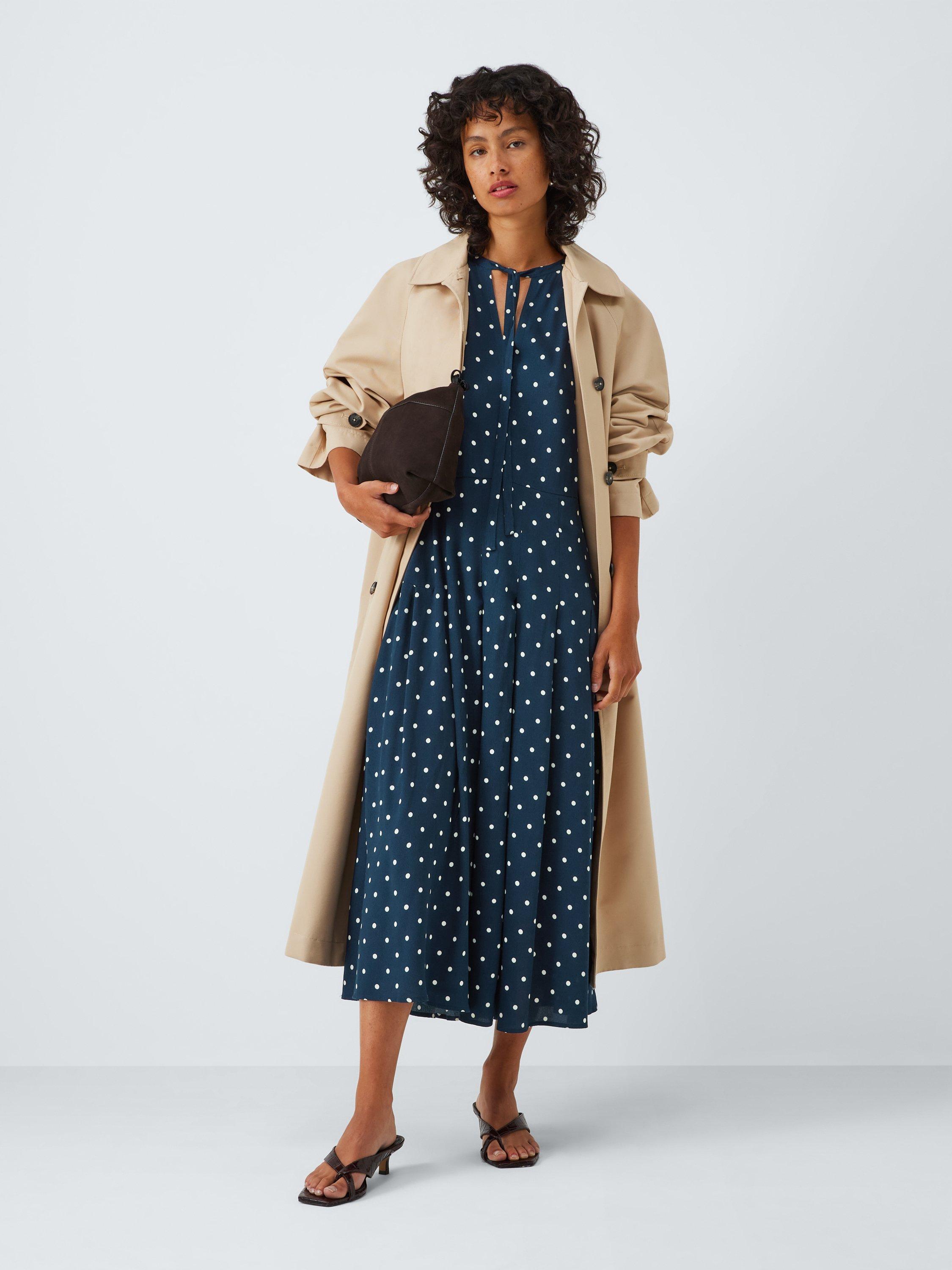 Product image 3 of 6, which shows John Lewis Sophia Spotty Print Pleated Midi Dress, Blue, 8