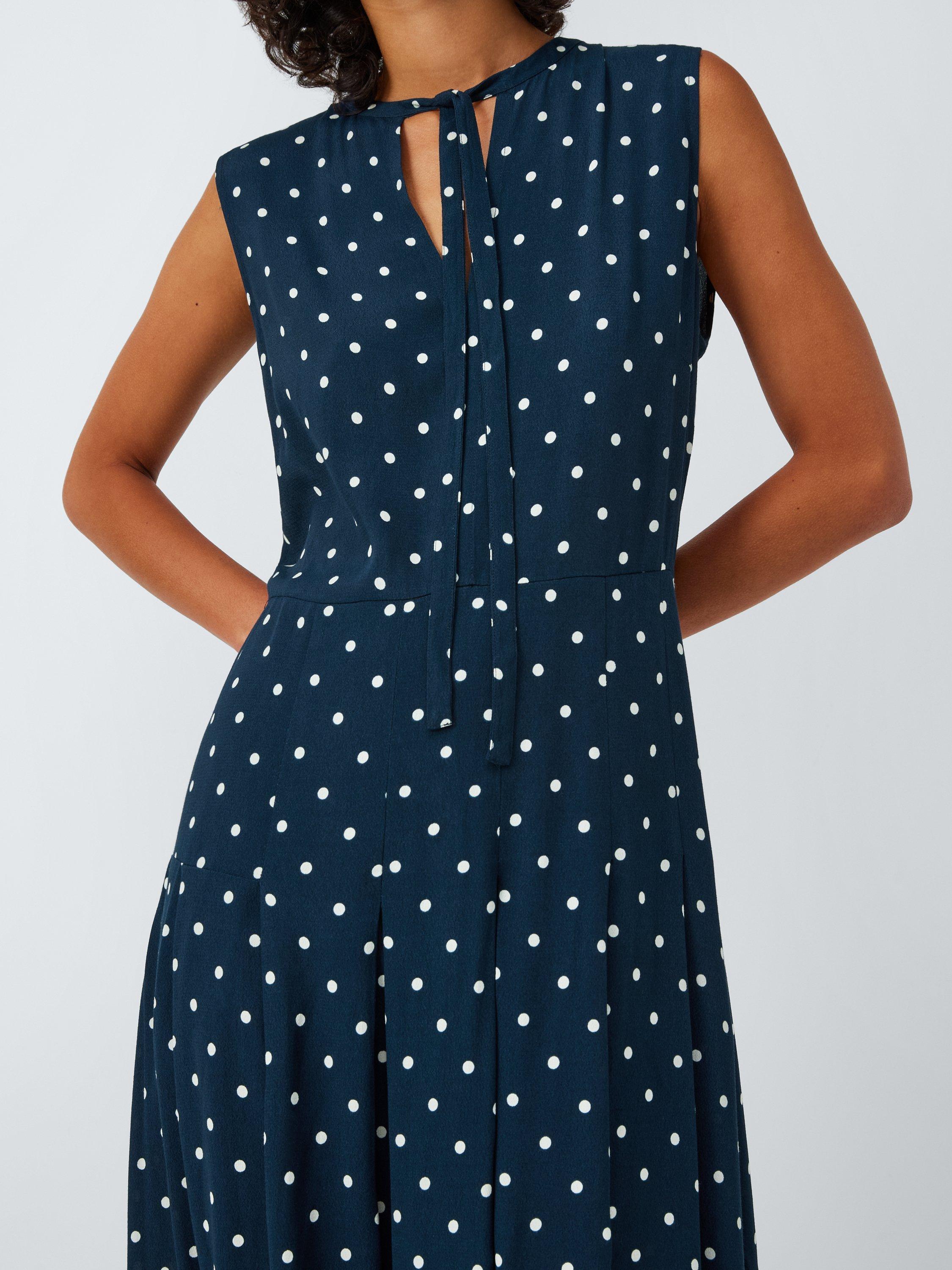 Product image 5 of 6, which shows John Lewis Sophia Spotty Print Pleated Midi Dress, Blue, 8