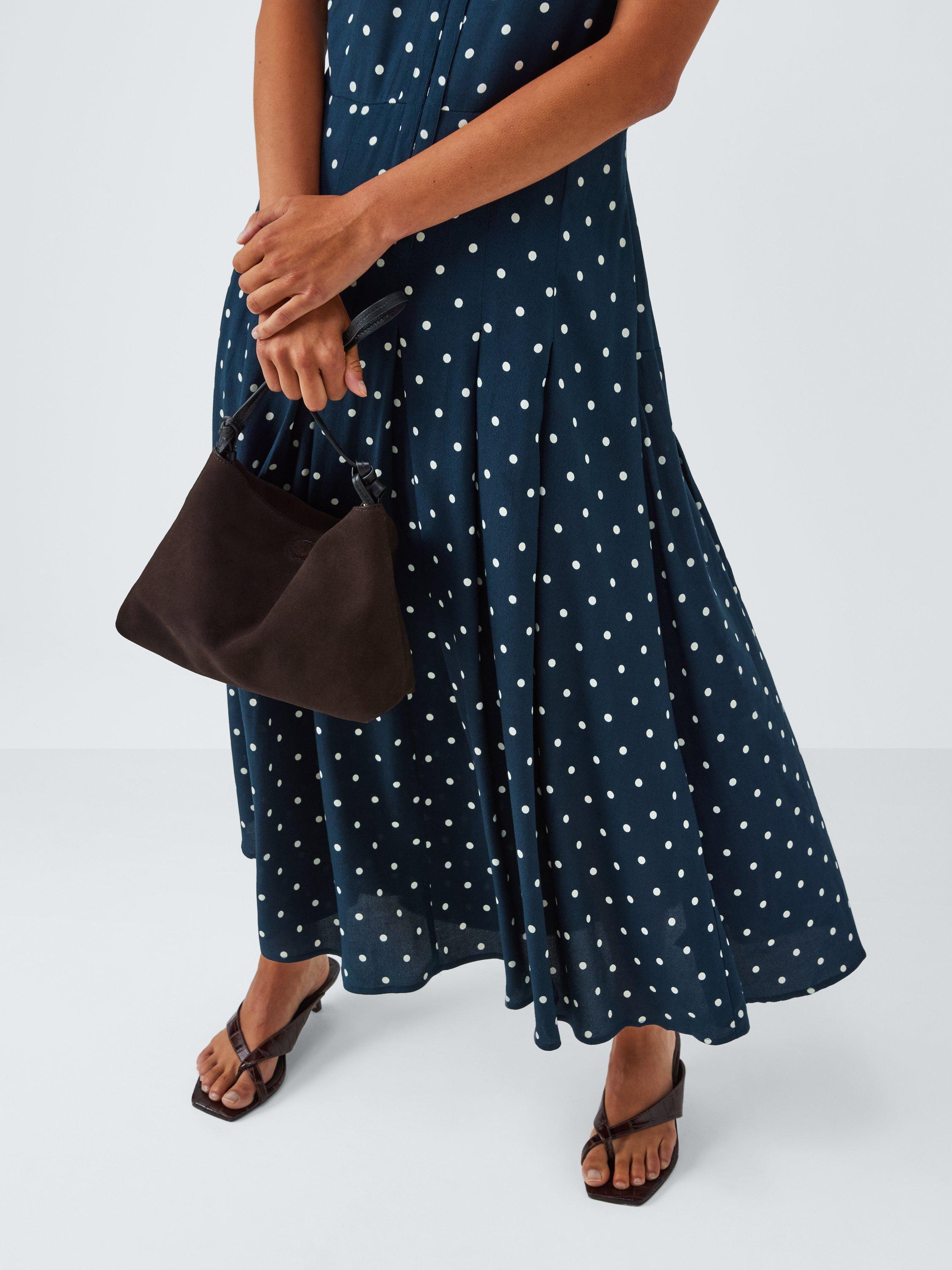 Product image 6 of 6, which shows John Lewis Sophia Spotty Print Pleated Midi Dress, Blue, 8